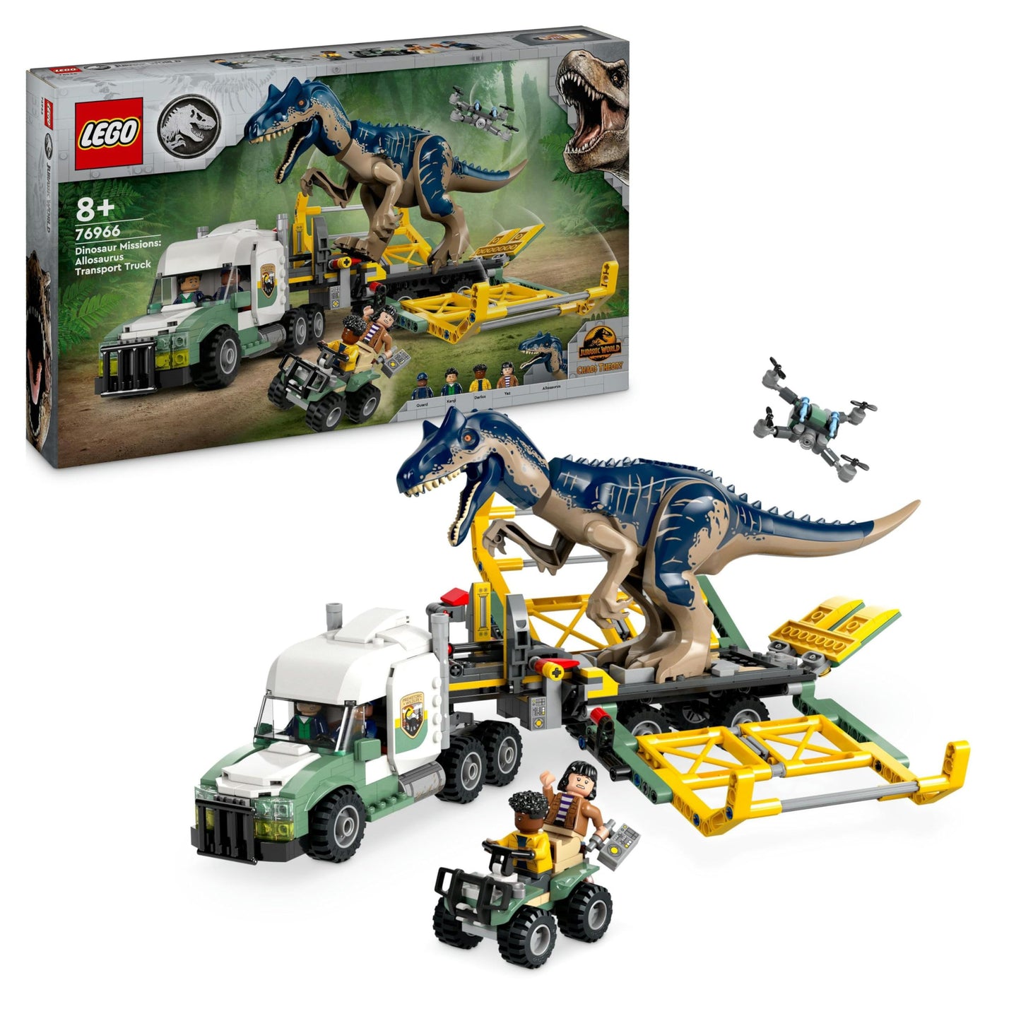 LEGO Jurassic World Allosaurus Transporter - Dinozauru spēļu komplekts ar minifigūrām Kenji, Darius un Yaz, 76966.