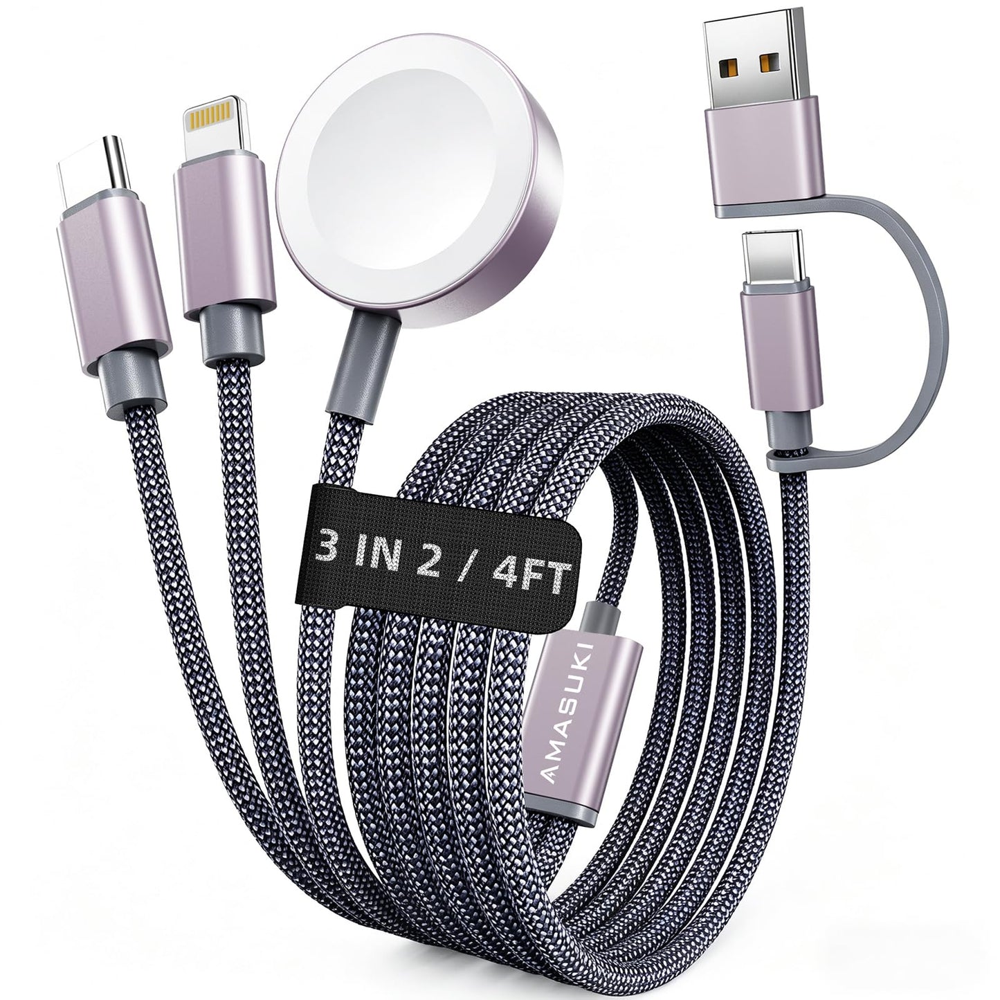 3 vienā uzlādes kabelis Apple Watch, Wcakby daudzfunkcionāls lādētājs USB C, 1.25M, saderīgs ar iWatch Ultra/SE/11/10/9/8/7/6/5/4/3/2/1, iPhone 17-11 un Galaxy S23