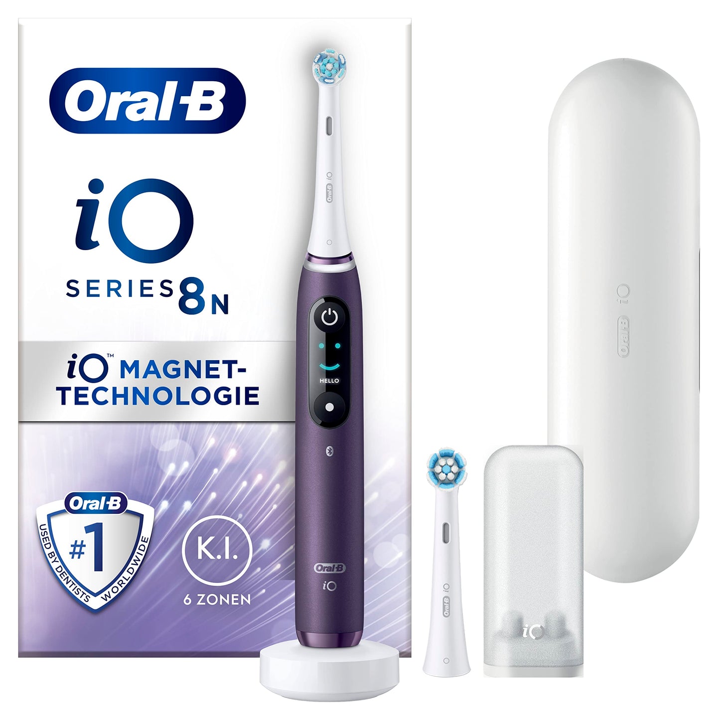 Oral-B iO Series 8 elektriskā zobu birste, 2 uzlikas, 6 tīrīšanas režīmi zobu kopšanai, krāsu displejs un ceļojuma futrālis, dāvana vīrietim/sievietei, izstrādājusi Braun, violetā ametrist