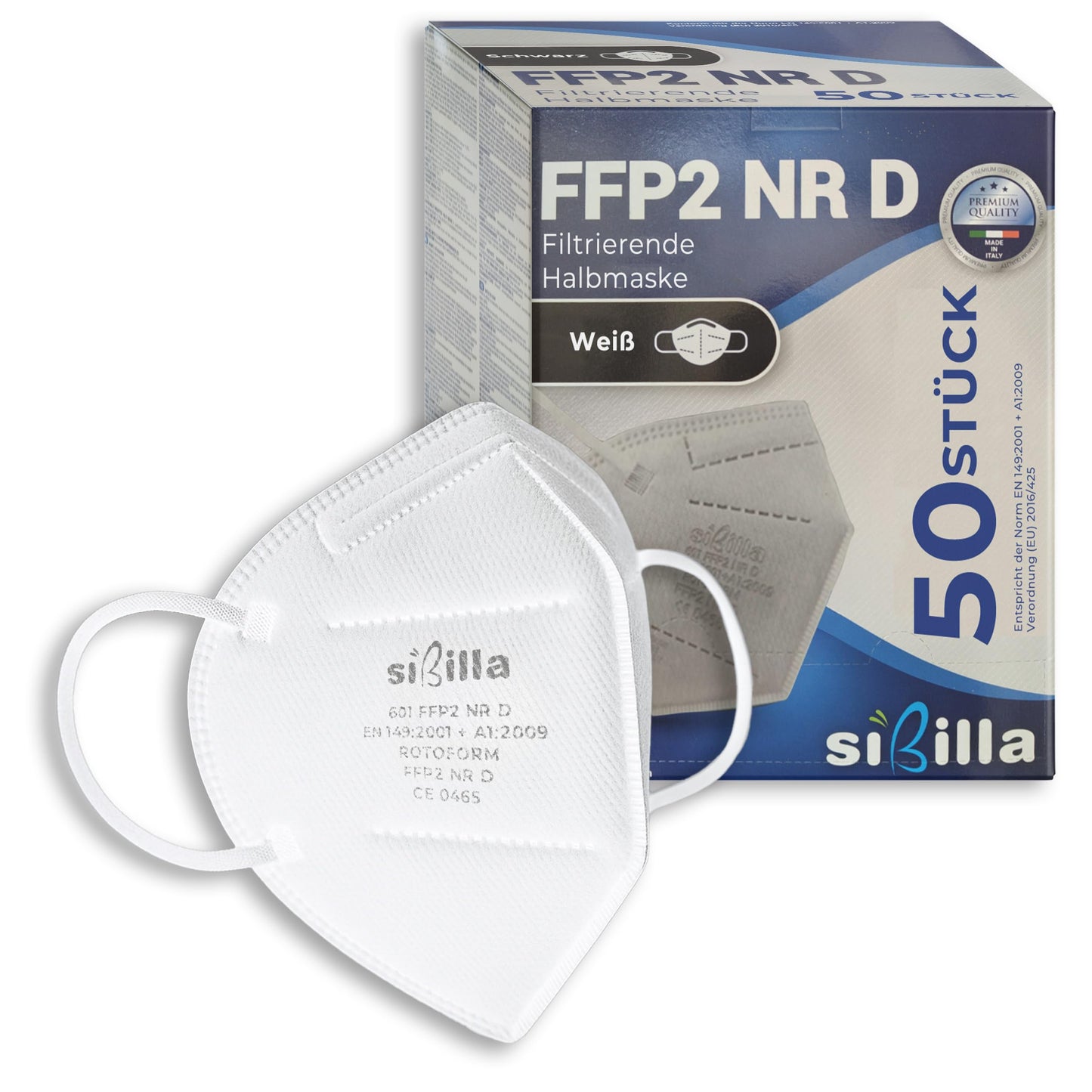 SIBILLA FFP2 maskas 50 gab. – balts, salokāms, ražots Itālijā, CE 0465, vienreizlietojamas