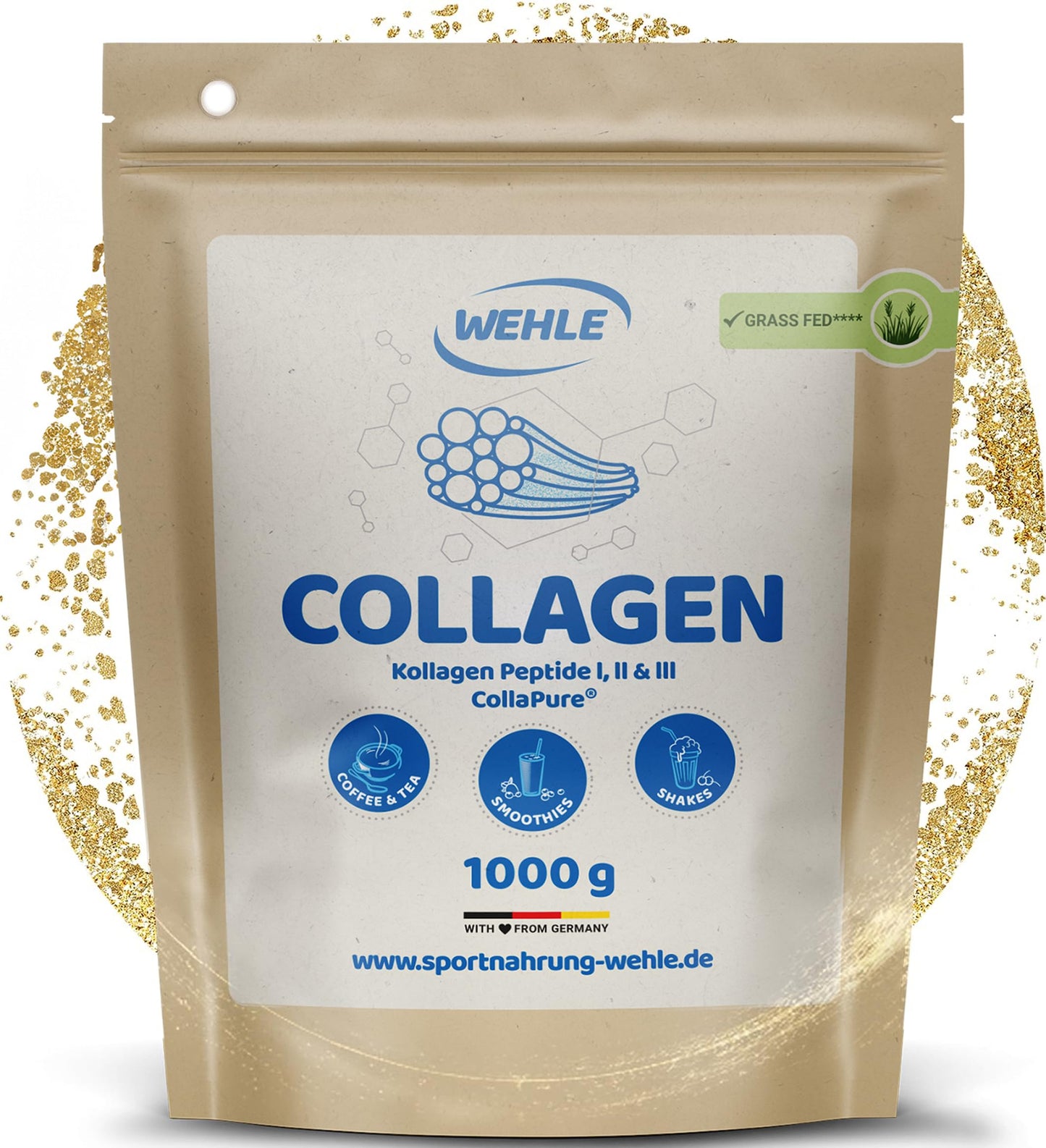 Kolagēna pulveris Wehle, 1000g, peptīdi 1., 2. un 3. tipa, kolagēna hidrolizāts