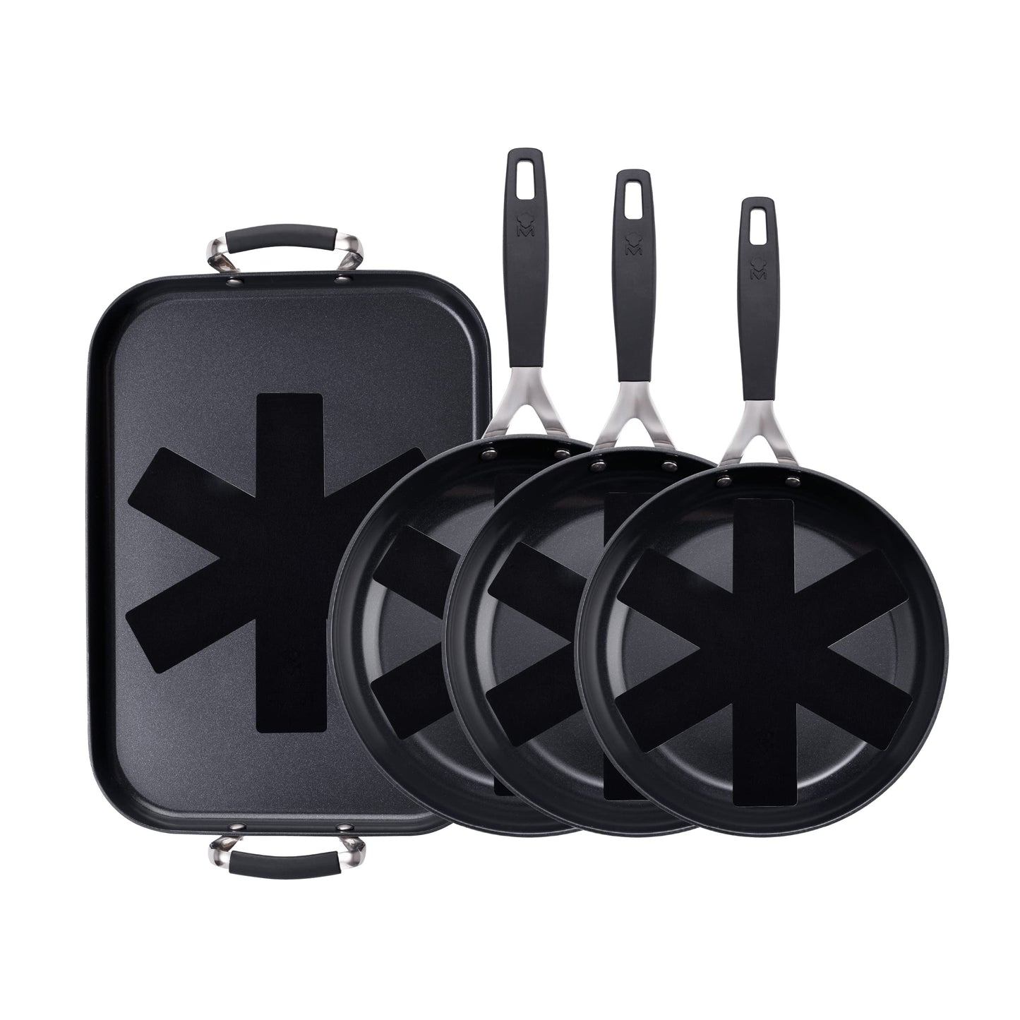 MasterPro Smart Pannu komplekts - 3 pretpiedeguma pannas 20, 24, 28 cm un grils 32 x 23 cm, kalts alumīnijs, ergonomisks rokturis.