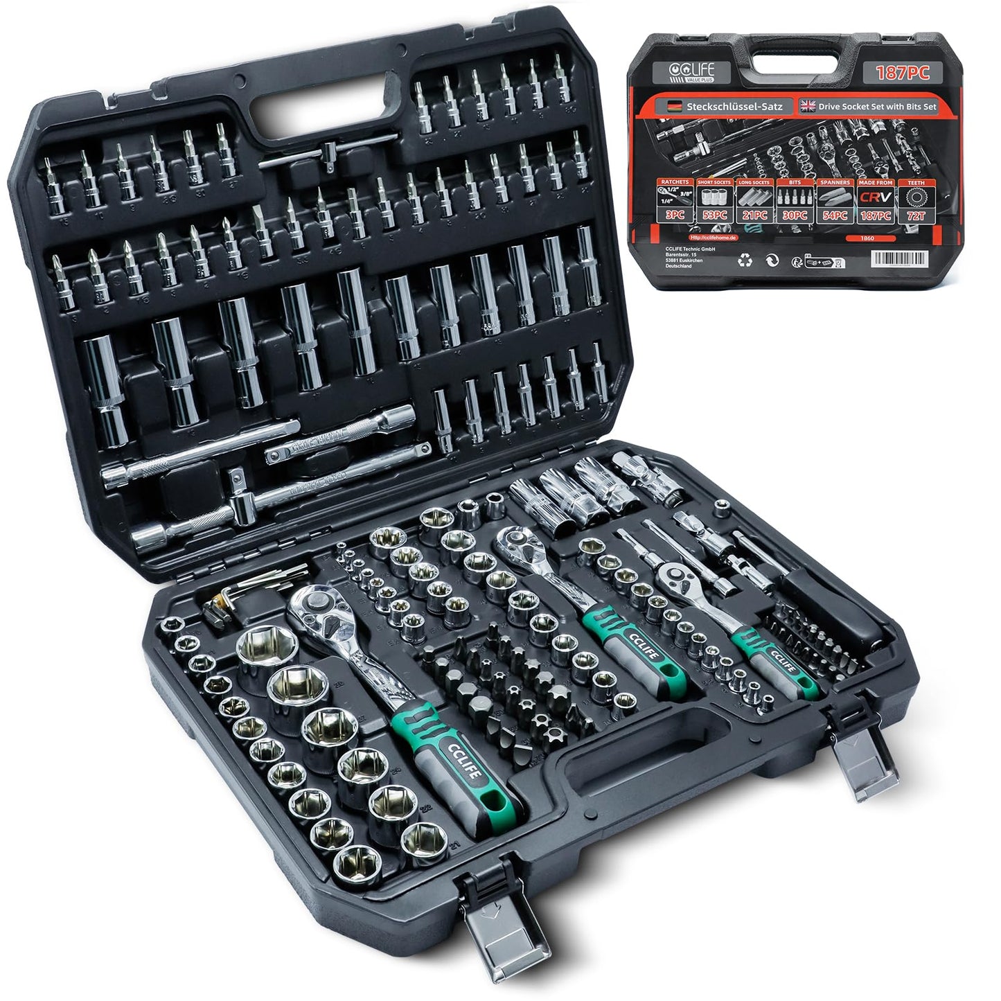 CCLIFE sprūdrata galvuļu komplekts 187 daļu Cr-V ar 1/4" 3/8" 1/2" sprūdrata koferi
