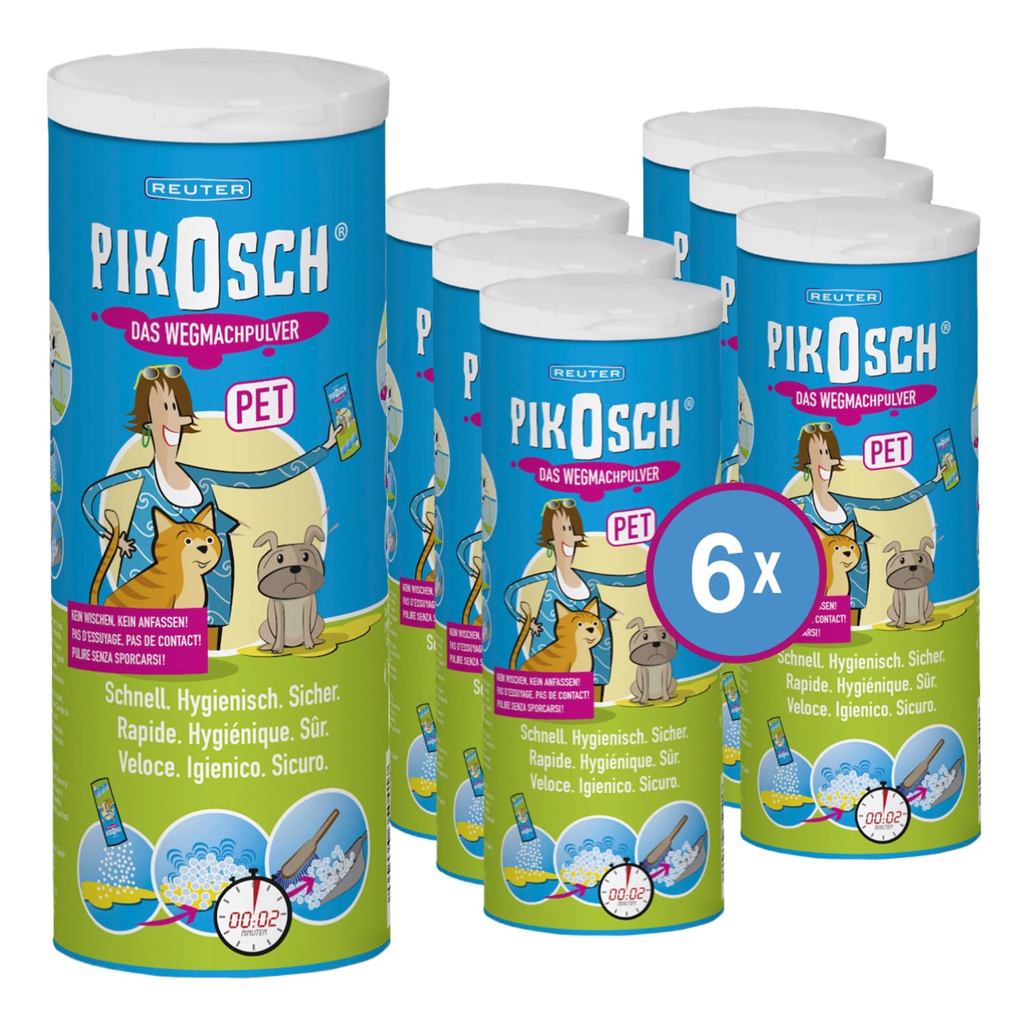 PIKOSCH PET 235g specializēts tīrīšanas līdzeklis, šķidruma absorbētājs, vemšanas pulveris urīna, vemšanas un citu mājdzīvnieka izdalījumu savākšanai, 6 gab.