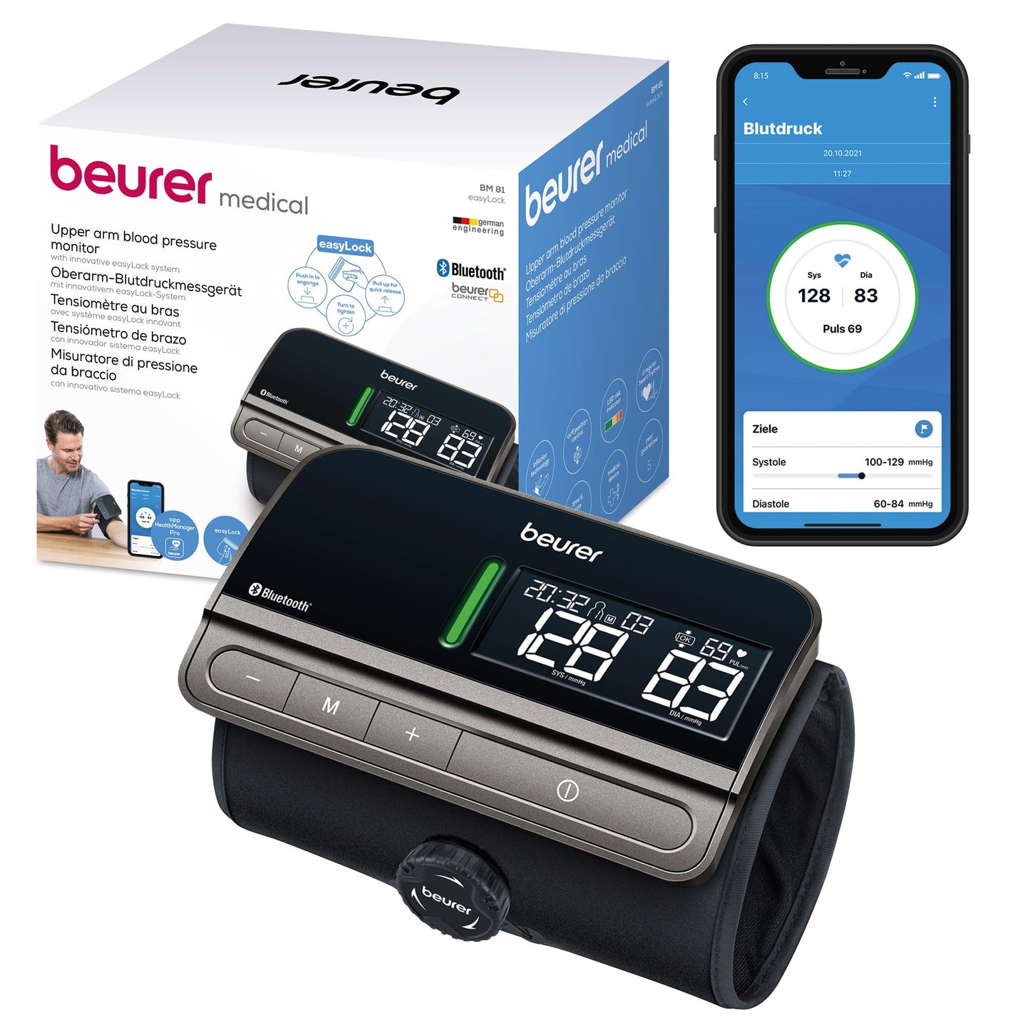 Beurer BM 81 easyLock - klīniski validēts augšdelma asinsspiediena mērītājs ar bezvadu savienojumu un ātru mērīšanu.