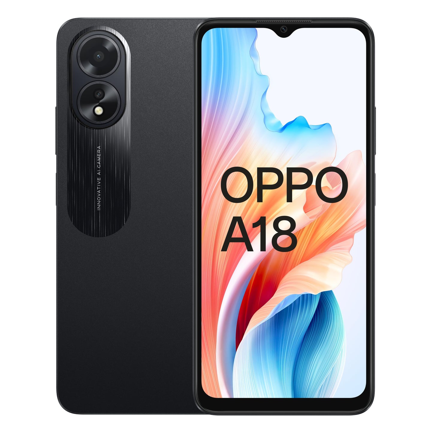 OPPO A18 4GB/128GB - Black smartphone with large storage, sleek design, and advanced camera features.