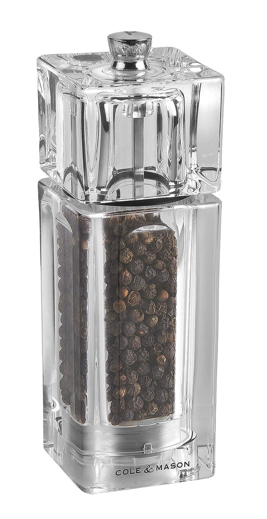 Cole & Mason Cube Pepper Mill - Adjustable grinding mechanism, acrylic design, 145 mm height, includes 1 pepper mill.