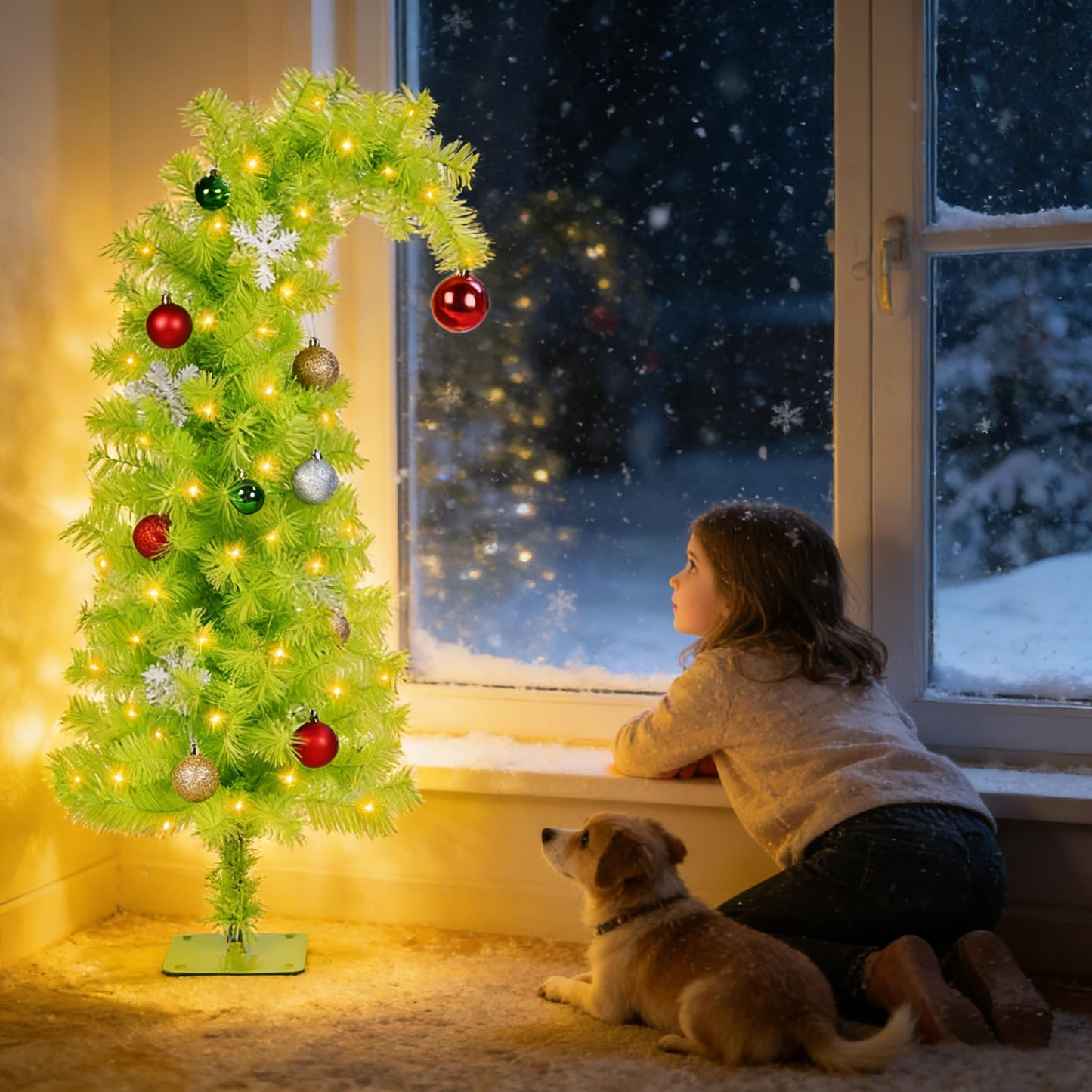 3 Ft/90cm mākslīga Ziemassvētku eglīte ar 150 silti baltām LED gaismām, PET materiāls, metāla statīvs