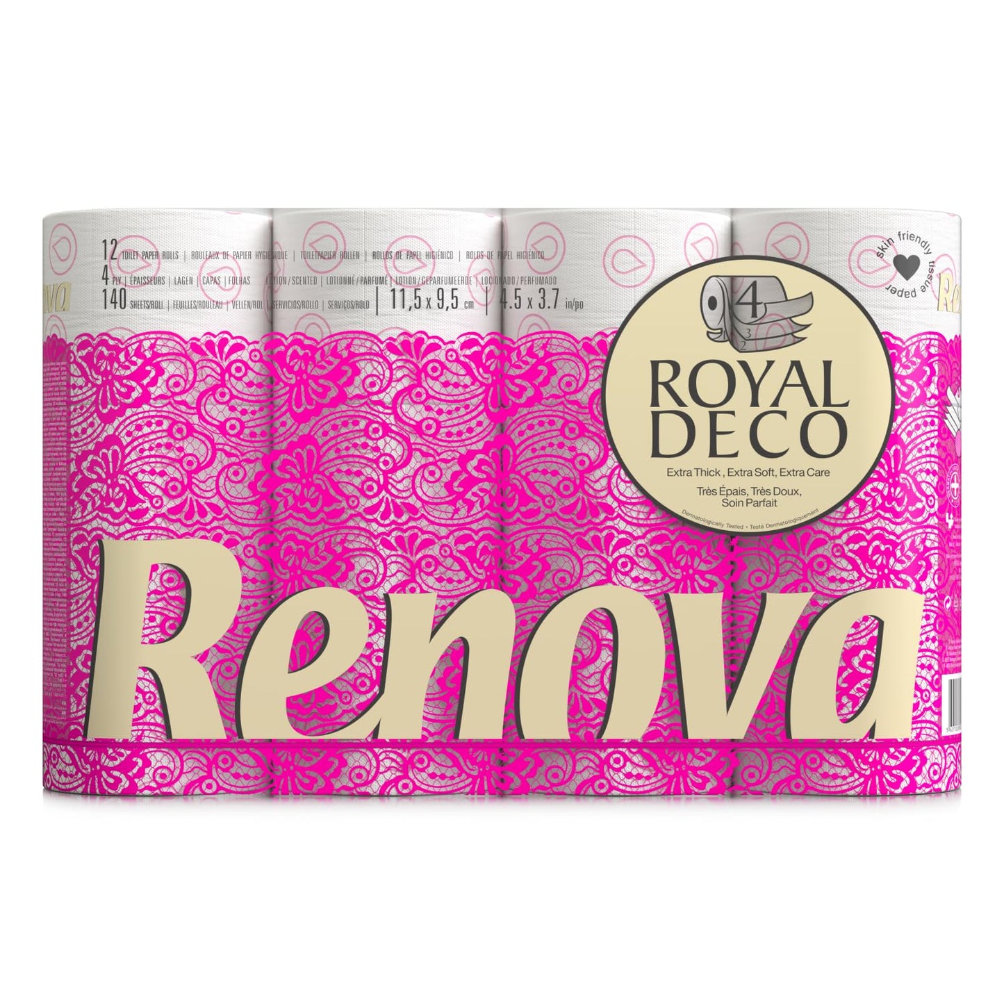 Mitrā tualetes papīra ruļļi Renova, 4 kārtas, balti, dekorēti un aromatizēti, 12 ruļļi