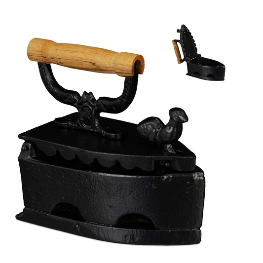 Relaxdays antīks gludeklis - koka rokturis, nostalģisks ogļu gludeklis, čuguns, melns, 18x19x9 cm