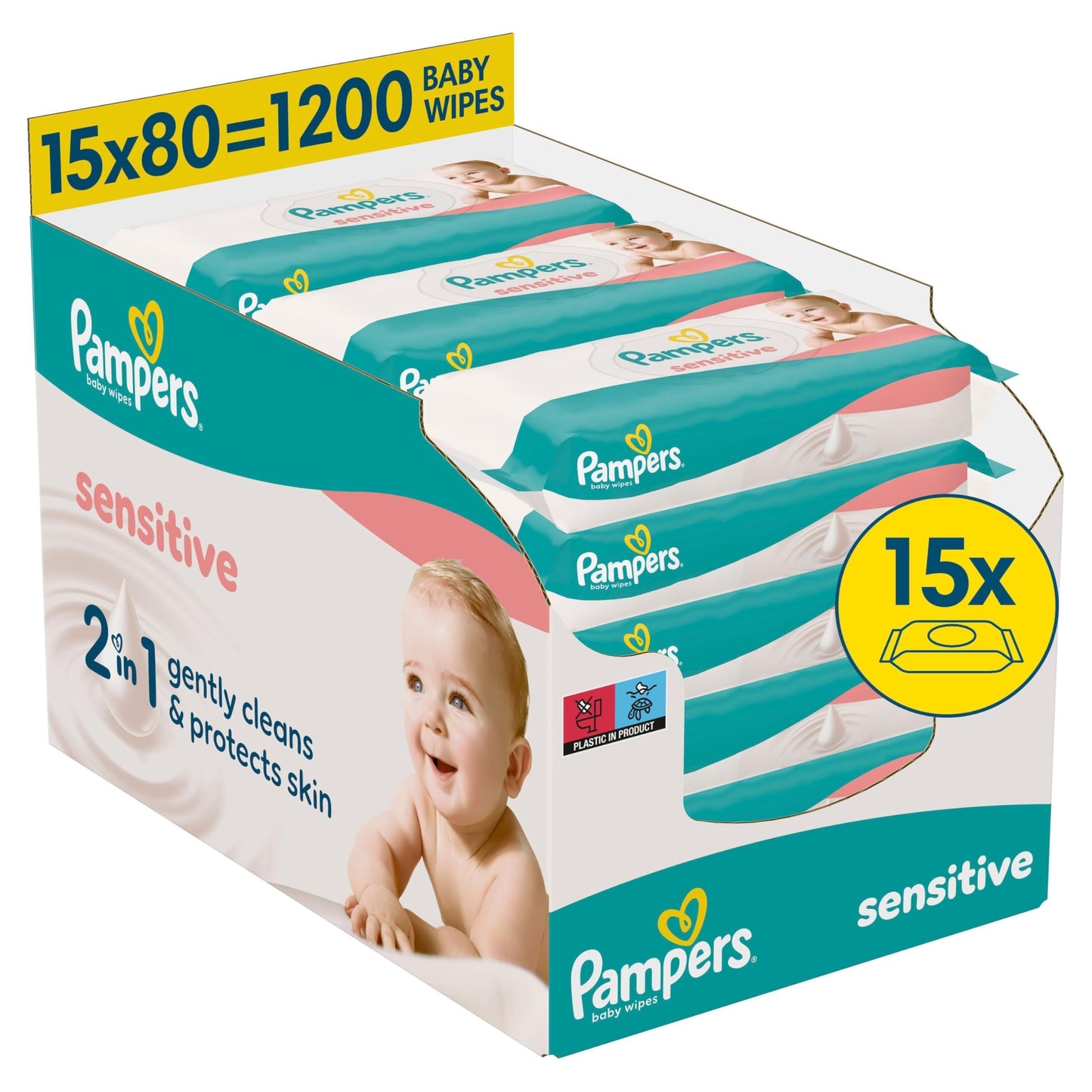 Mitrās salvetes Pampers Sensitive Baby-Feuchttücher, 15 iepakojumi x 80 gab., 1200 gab., maiga tīrīšana un ādas aizsardzība