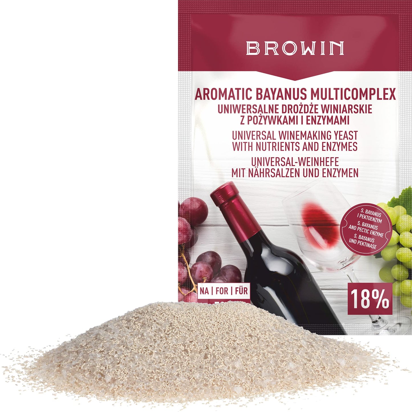 Browin 400404 rauga, barības vielu un pektināzes komplekts augļu vīniem 50 L Aromatic Bayanus Multicomplex iesācēju komplekts vīnam, 40 g
