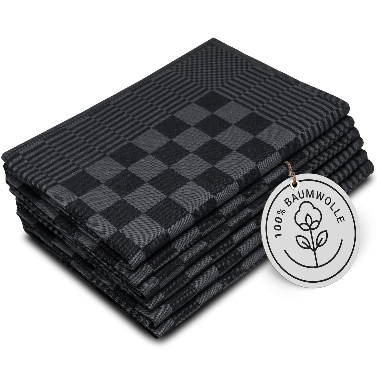 Virtuves dvieļi ZOLLNER, 6 gab., 65x65 cm, 100% kokvilna, īpaši uzsūcoši un izturīgi, melni ar rūtiņu rakstu, līdz 60°C, OEKO-TEX