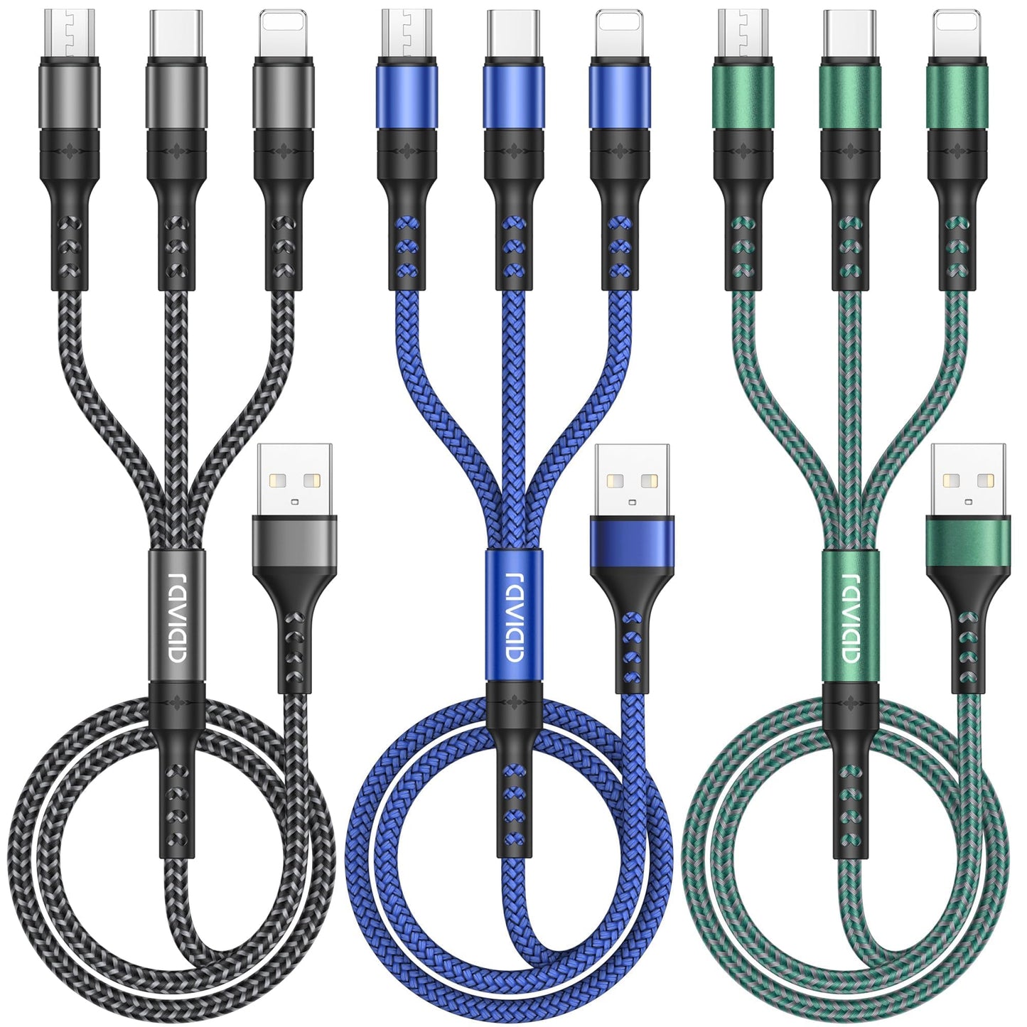RAVIAD Multi USB kabelis 3 gab. 1.2M Multi uzlādes kabelis 3 in 1 ātrās uzlādes kabelis