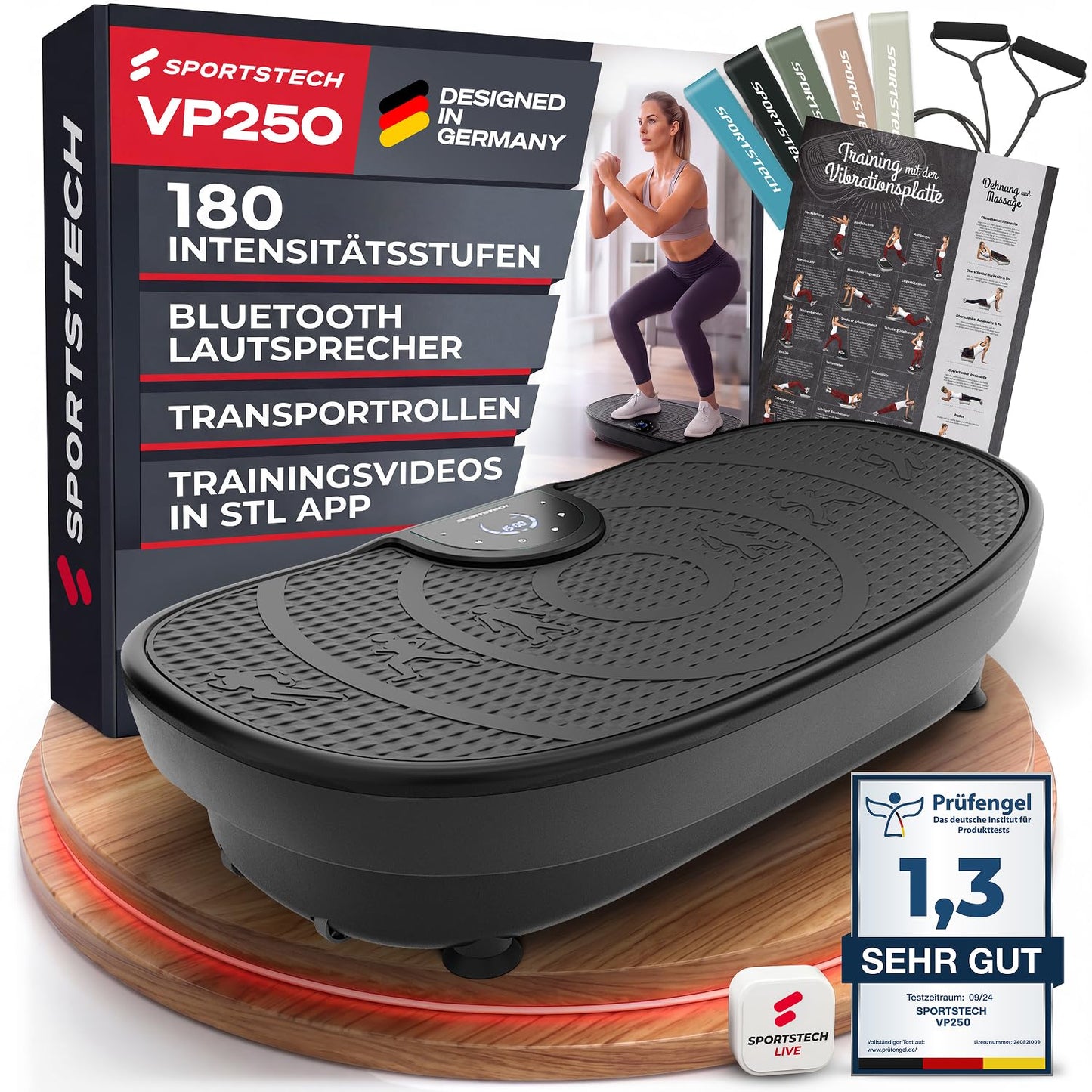Vibrācijas platforma Sportstech VP250, vācu kvalitātes zīmols, Curved Slim Design, 180 līmeņi, 7+1 treniņu programmas, Bluetooth un kluss motors