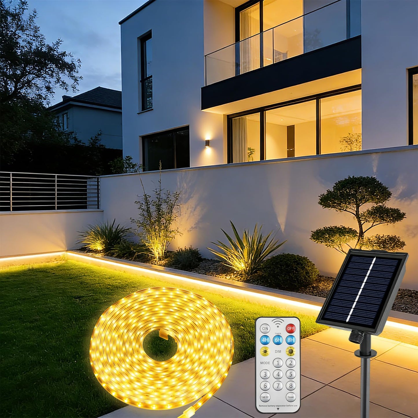 Saules LED lente āra apstākļiem Ylatoial 10M, 640 LED, IP68 ūdensizturīga, ar tālvadības pulti, 8 gaismas režīmi un taimeris, uzlādējama, silti balta