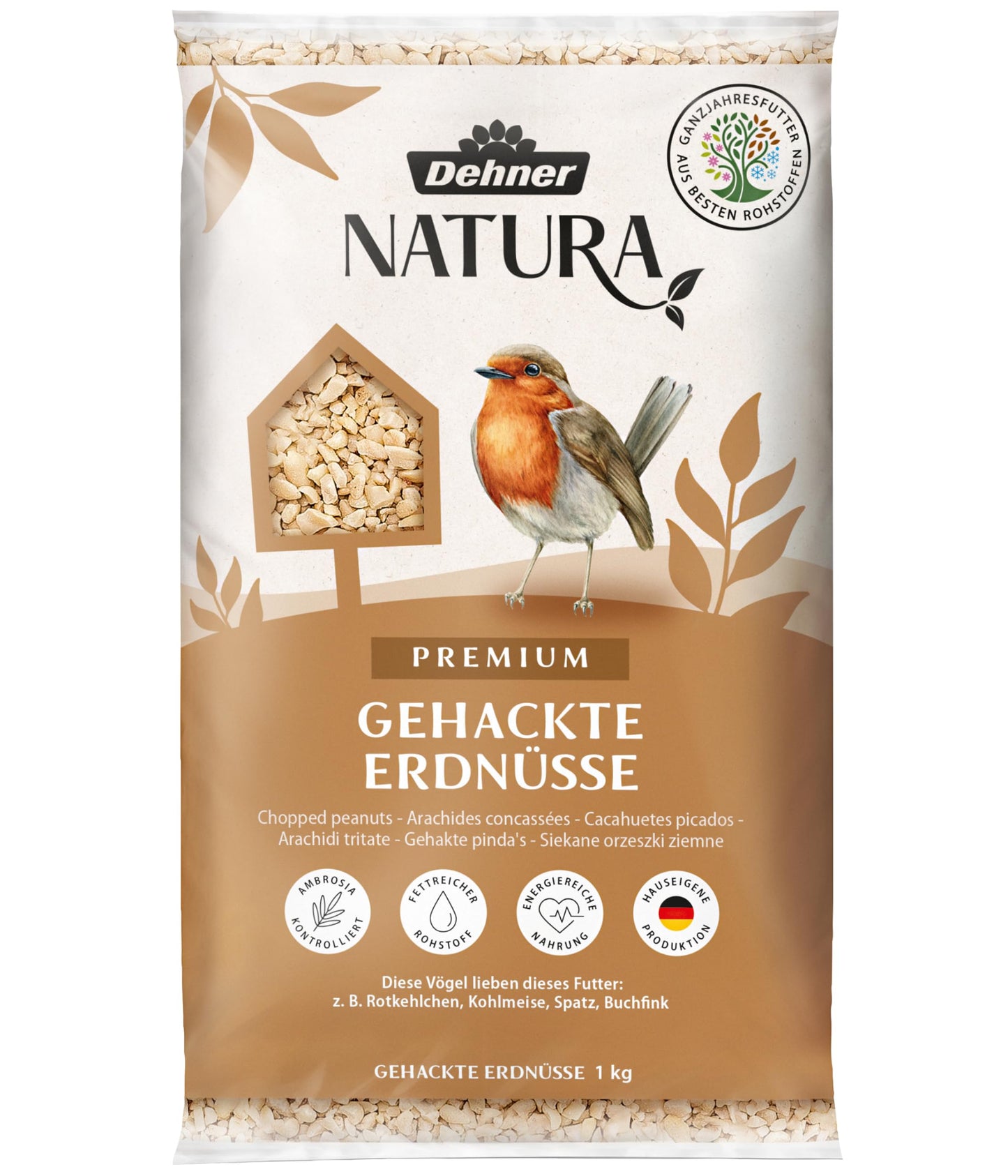Dehner Natura Premium putnu barība savvaļas putniem, sasmalcināti zemesrieksti bez čaumalām, augstproteīna un enerģiska barība visu gadu, kvalitatīva putnu barība savvaļas putniem, 1 kg