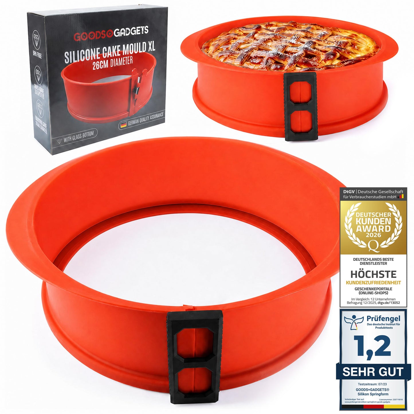 Silikona atsperveidne 23cm GOODS+GADGETS® – apaļa kūkas forma ar stikla pamatni