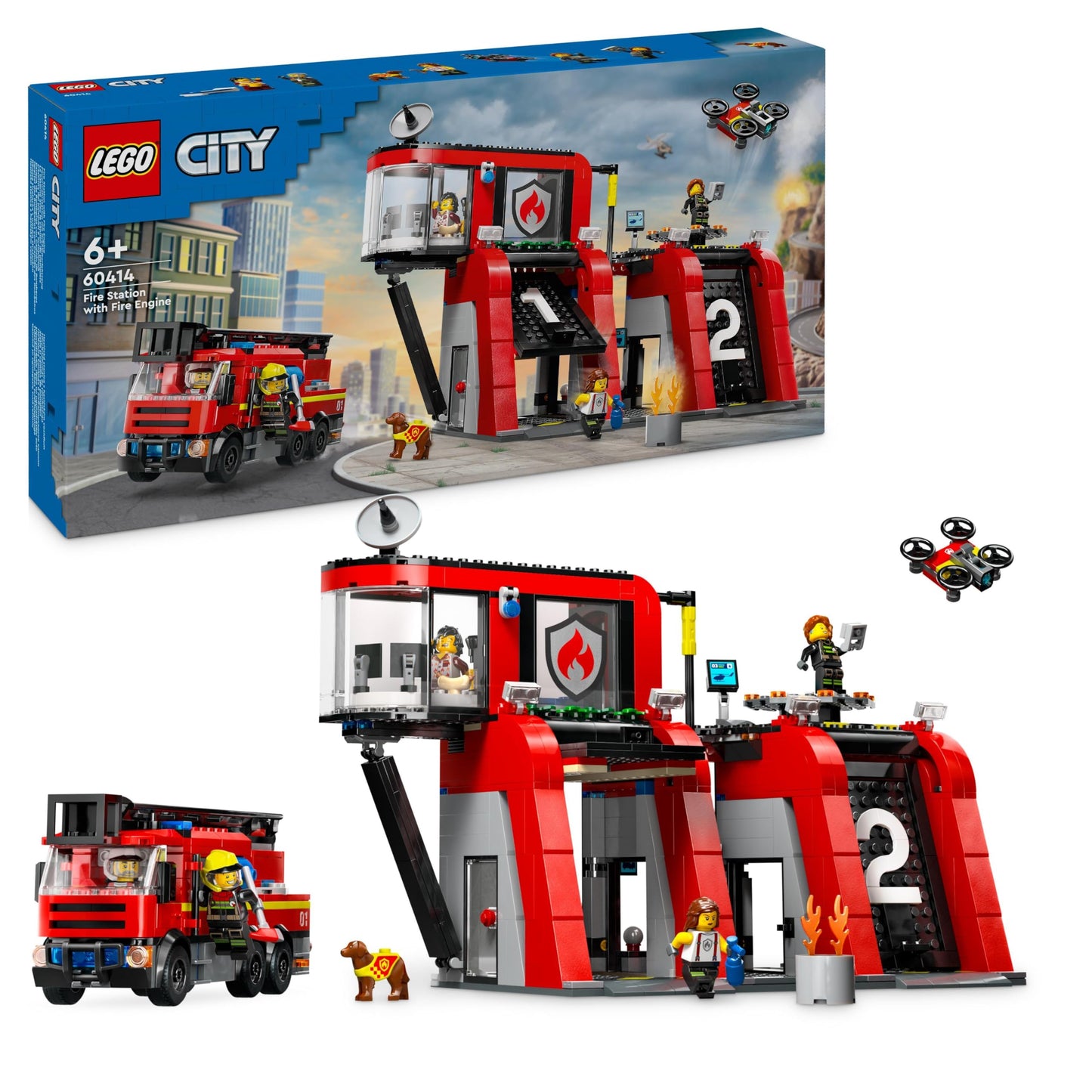 LEGO City ugunsdzēsēju stacija 60414 - ugunsdzēsēju depo, grozāms kāpņu transportlīdzeklis, 5 minifigūras un suns.