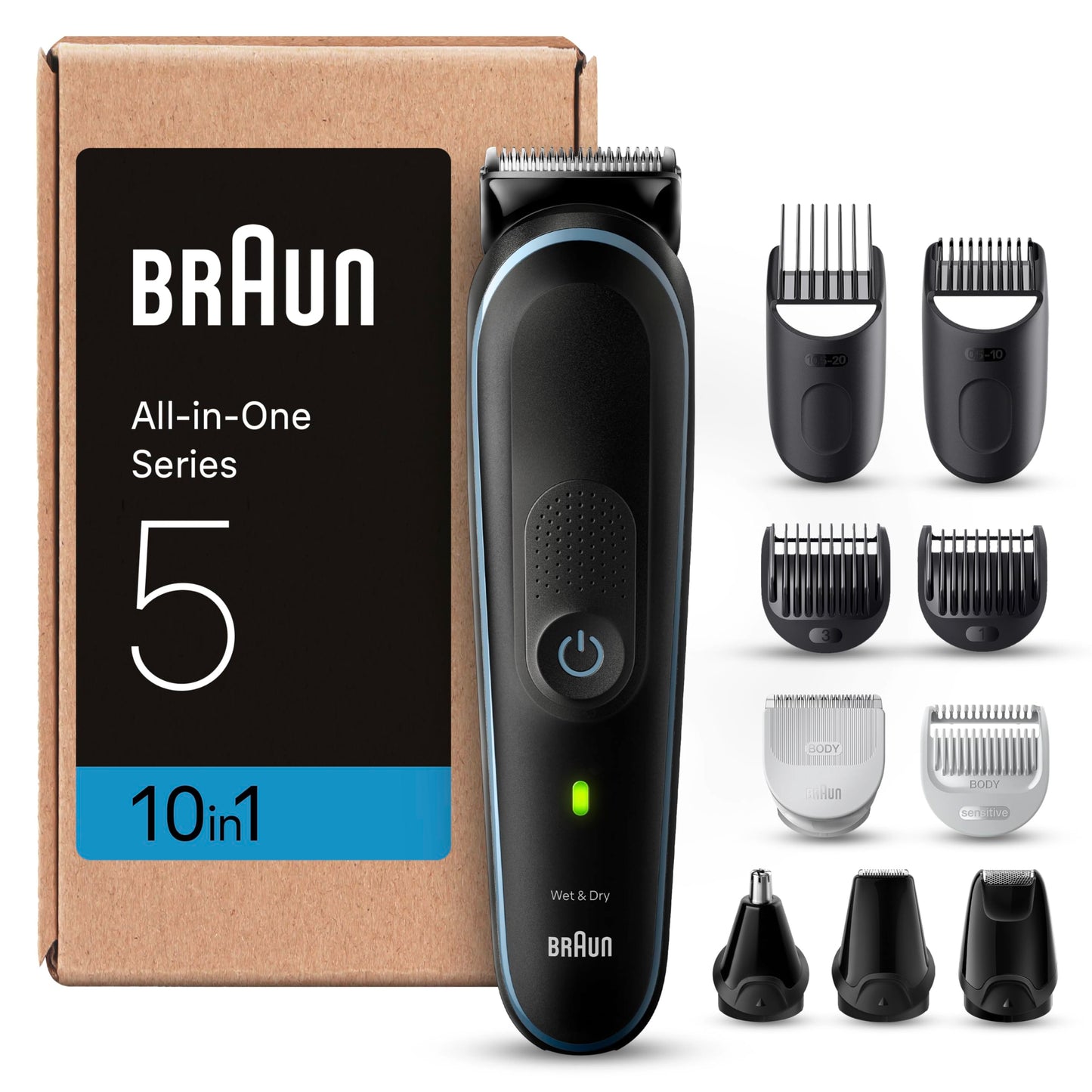 Matu trimmeris Braun All-In-One Set 5, 10-in-1 multigroom, bārdas trimmeris, deguna matu trimmeris, matu griezējs sejai, galvai un ķermenim, 100 Min. akumulators, 14 garumi (3–21 mm), ūdensizturīgs, MGK5445, Schwarz