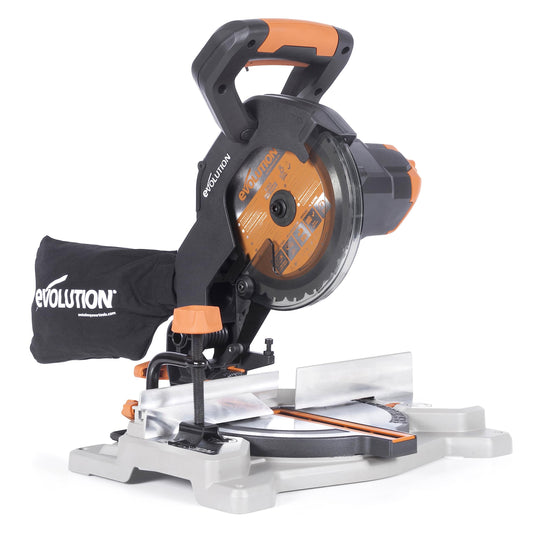 Evolution Power Tools R185CMS - 850W cordless miter saw with multifunction blade, 45° bevel and angle cuts, 185mm TCT blade included.