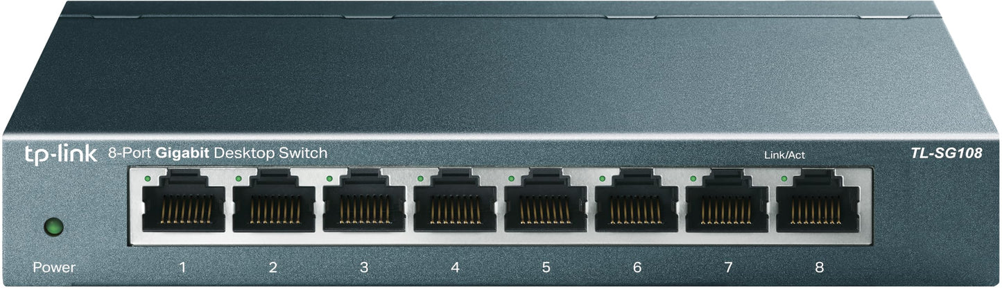 Tīkla komutators TP-Link TL-SG108, 8 porti, Gigabit Ethernet, RJ-45 LAN porti, metāla korpuss, IGMP Snooping, nepārvaldāms, bez ventilatora, metāliski zils
