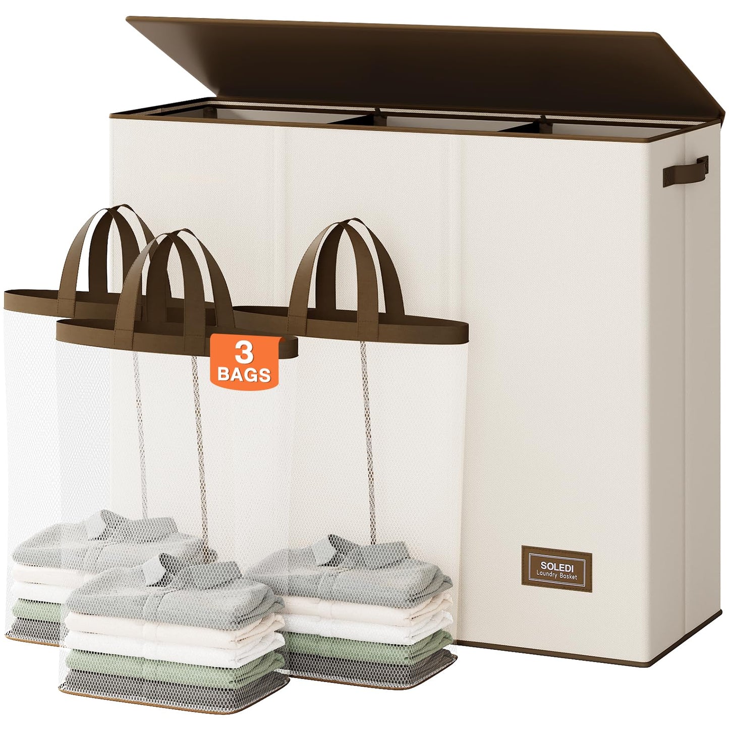 Veļas šķirošanas grozs SOLEDI 180L, 3 nodalījumi ar vāku un 3 veļas maisi, XXXL izmērs, 3 x 60L, vannas istabai, guļamistabai un veļas telpai