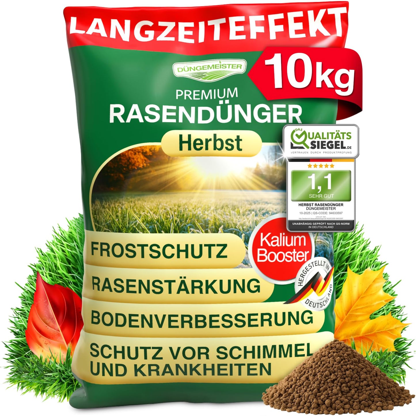 Rudens zāliena mēslojums DÜNGEMEISTER ar ilgstošu iedarbību un KaliumschutzPlus formulu – ziemcietīgam, koši zaļam zālienam, aizsardzība pret salu un slimībām (10kg)
