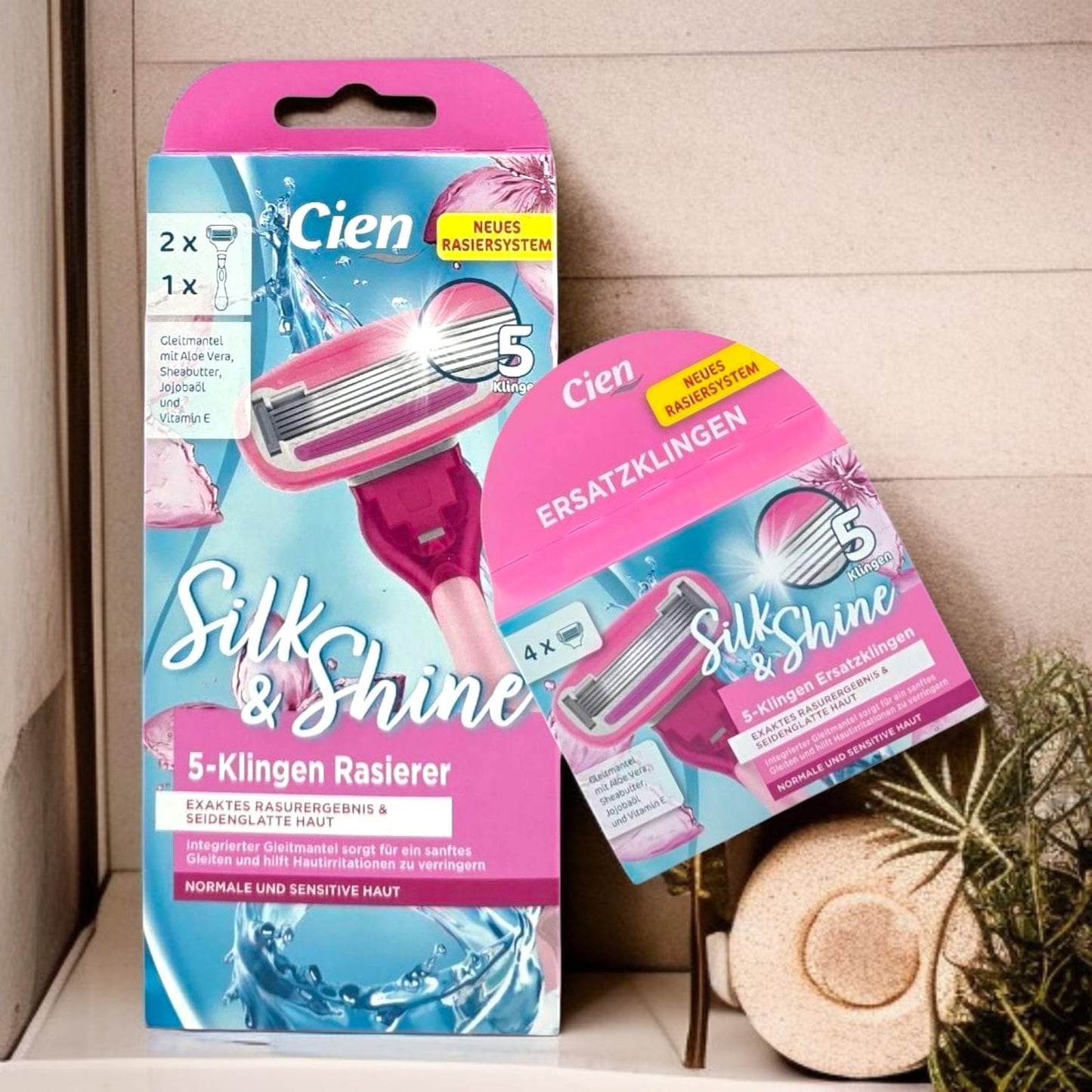 Sieviešu skuvekļu komplekts Cien Silk & Shine, 1 rokturis un 6 rezerves asmeņi, 5 asmeņu sistēma, ar alveju un šī sviestu jutīgai ādai