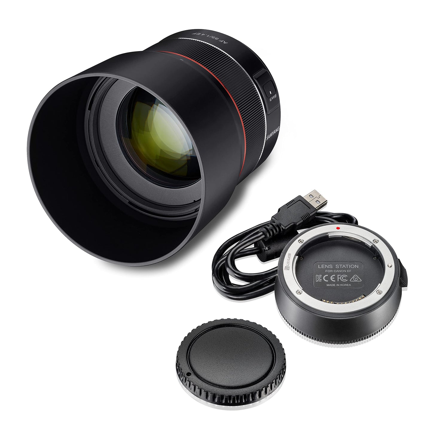 Samyang 8009 AF 85mm F1.4 EF + Lens Station Canon EF I viegls un kompakts teleobjektīvs portretu uzņemšanai, ar ātru DSLM autofokusu I piemērots pilna kadra un APS-C Canon kamerām