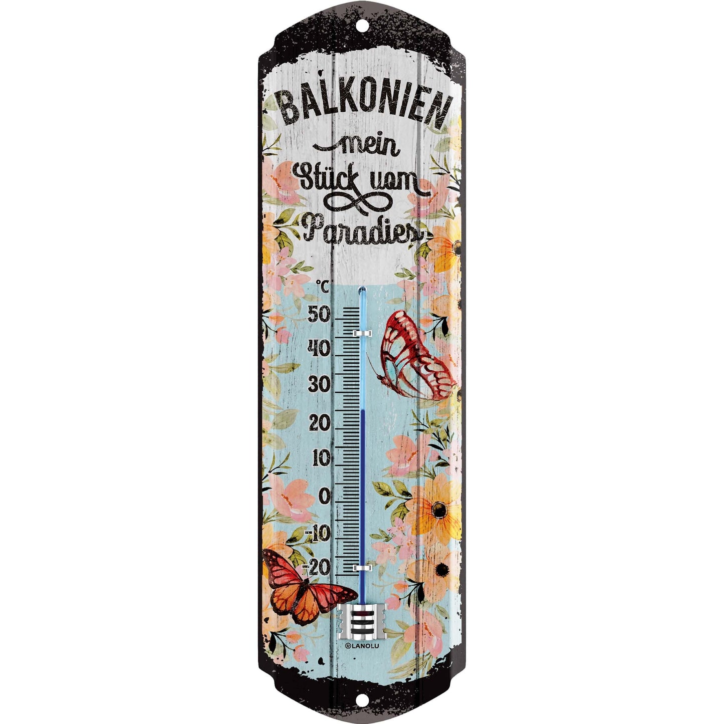 Metāla retro izkārtne LANOLU BALKONIEN ar termometru, dārza dekorācija, vintage, 8x28cm