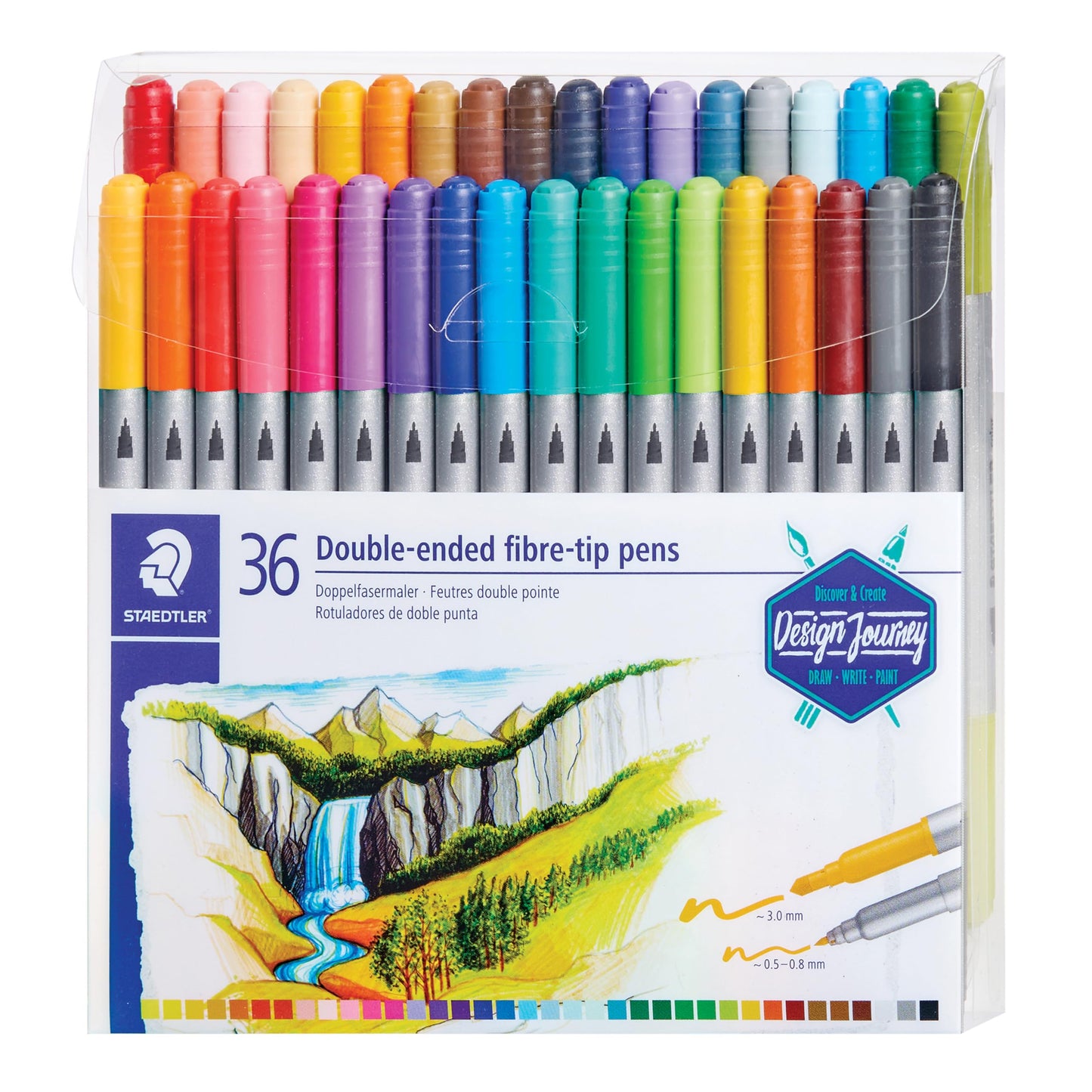 Divpusējs flomāsters STAEDTLER 3200, 36 krāsas, caurspīdīgs maciņš, dažādas krāsas
