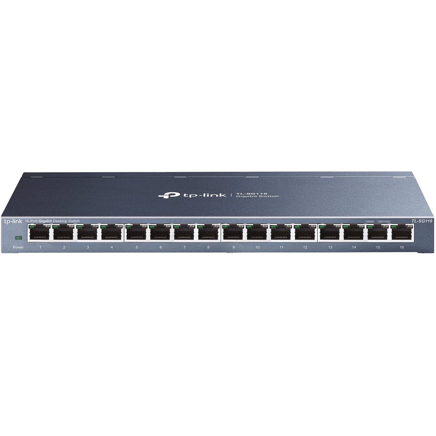 Gigabit tīkla komutators TP-Link TL-SG116, 16 porti, 32Gbit/S komutācijas jauda, ekranēti RJ-45 porti, metāla korpuss, IGMP-snooping, nepārvaldāms, Plug-and-Play, bez ventilatora, zils metālisks