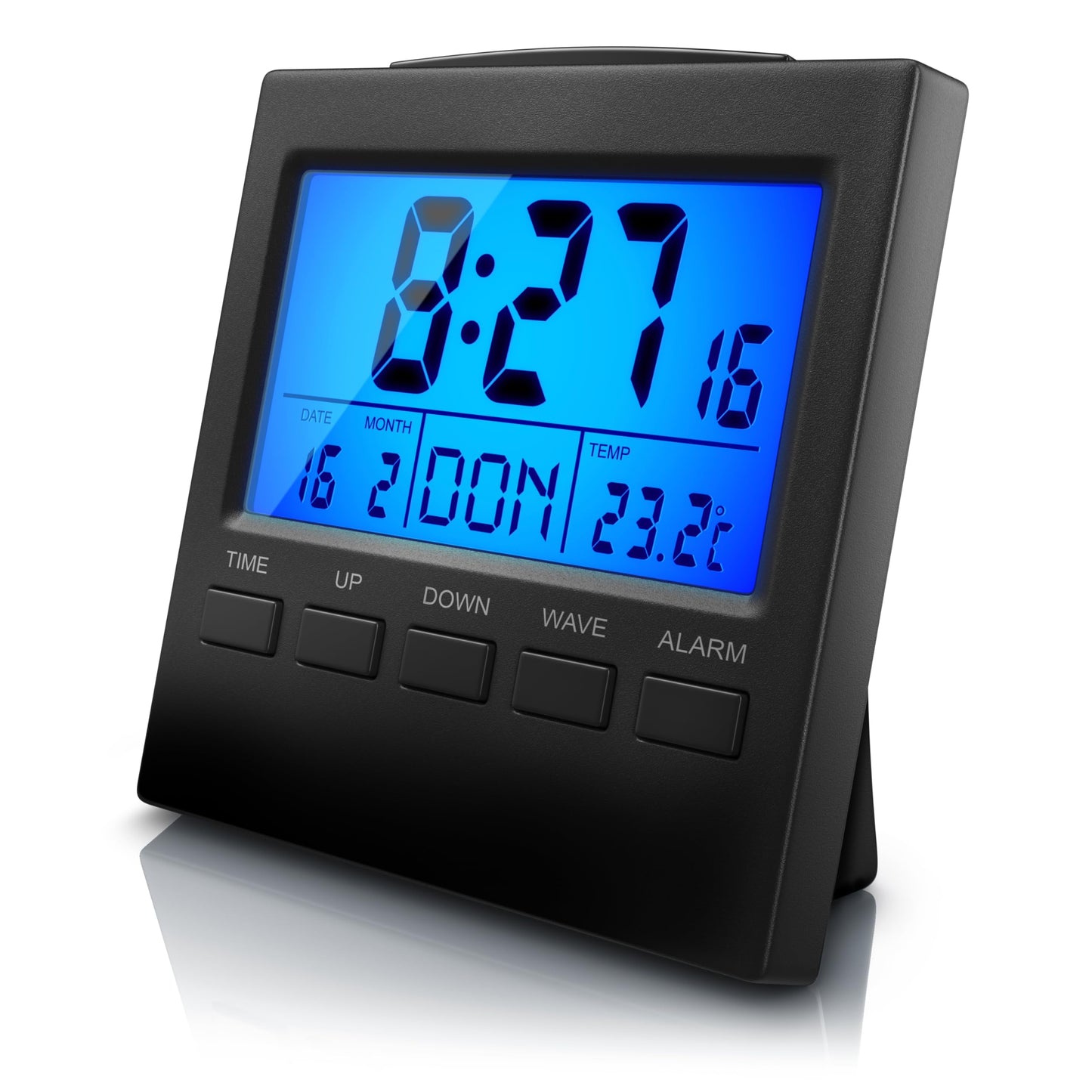 Ceļojumu radio modinātājs CSL-Bearware digitāls ar temperatūras displeju, DCF radio pulkstenis, 3,3 Zoll LCD displejs ar zilu LED fona apgaismojumu, iekštelpu datuma un nedēļas dienas rādījums