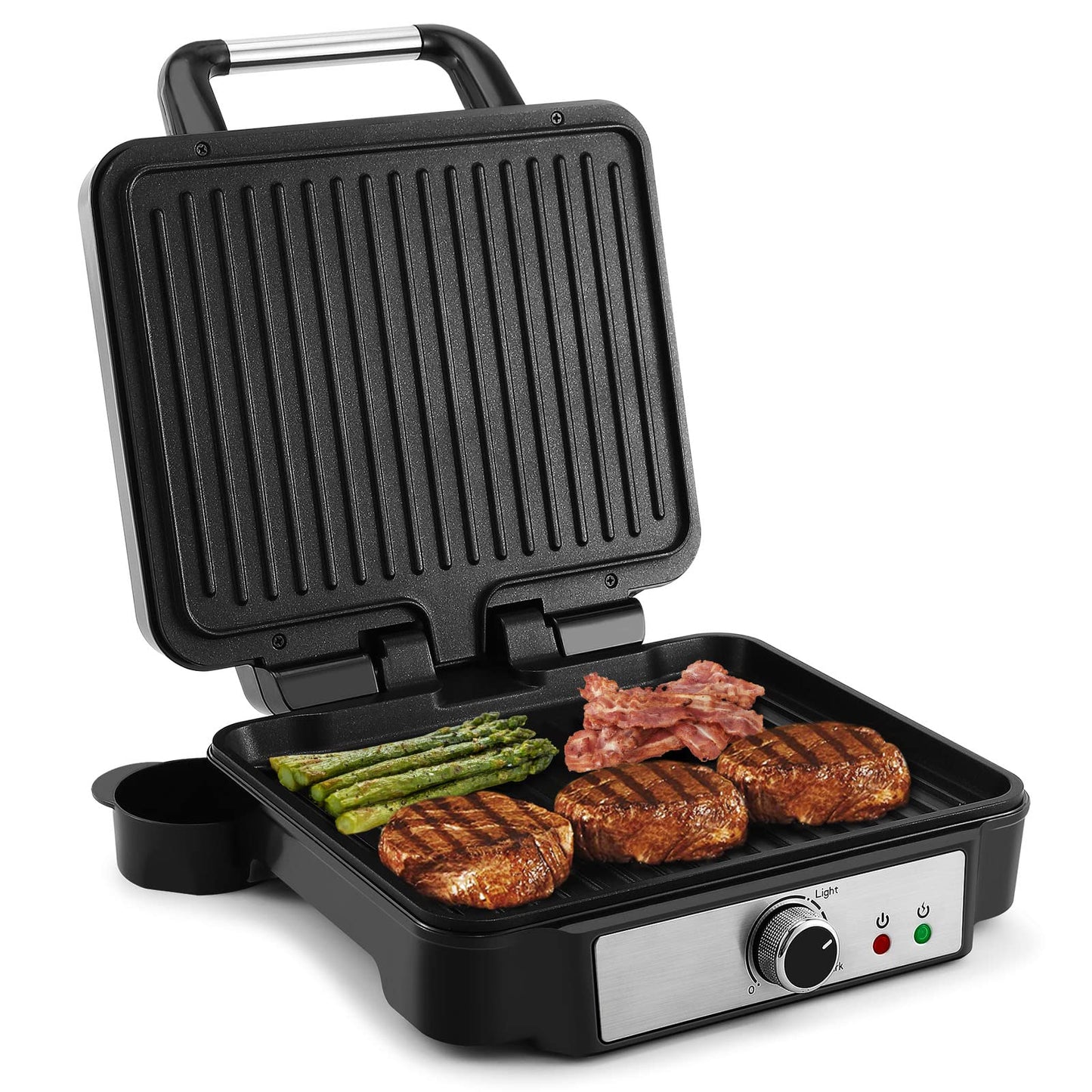 YASHE kontaktgrils, 4 šķēles panini grils ar pretpiedeguma pārklājumu, 1800W tosteris sviestmaizēm ar temperatūras kontroli, kontrolgaisma, atveras 180 grādi, noņemama pilienu trauka, melns