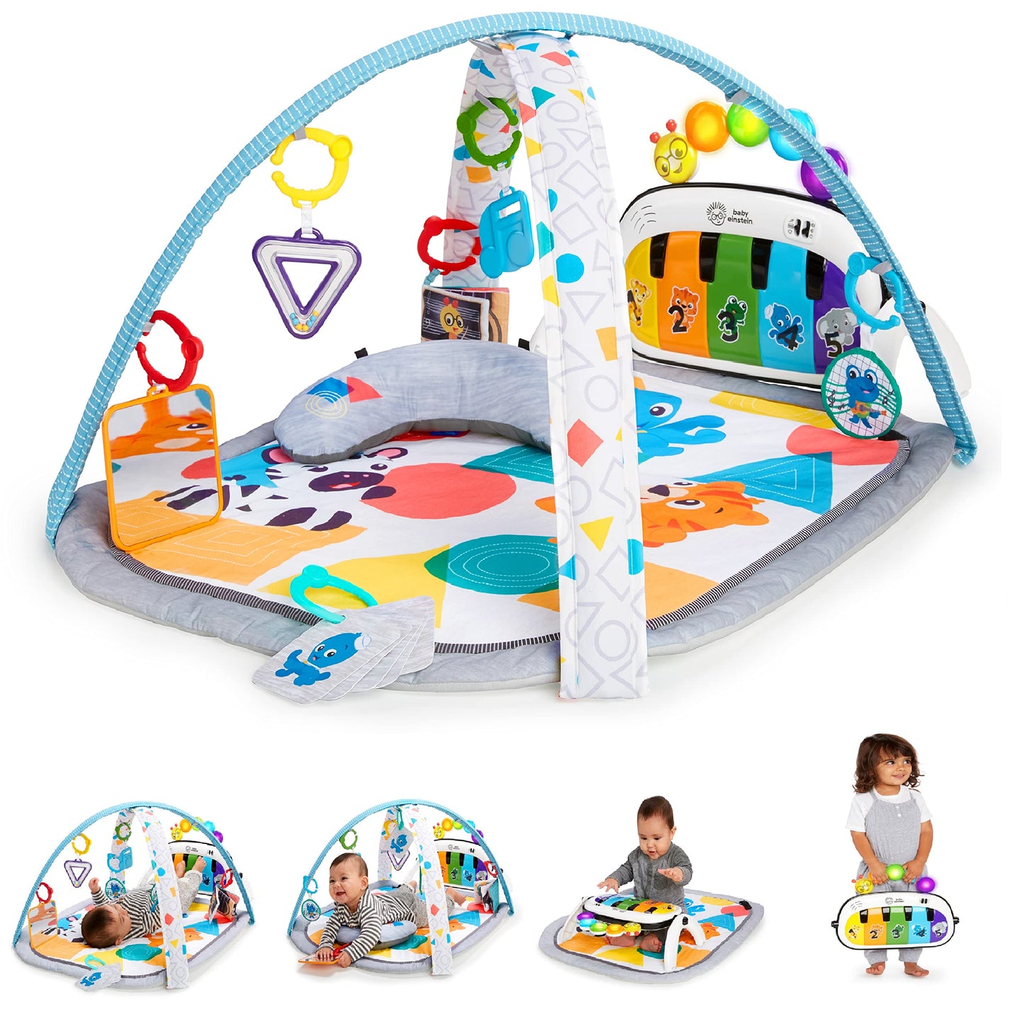 Baby Einstein 4 in 1 Kickin' Tunes spēļu paklājiņš ar 70+ skaņām, 25+ minūšu mūziku, aktivitāšu paklājs ar klavierēm un gaismām, spēļu loks, noņemamas bērnu rotaļlietas, no dzimšanas