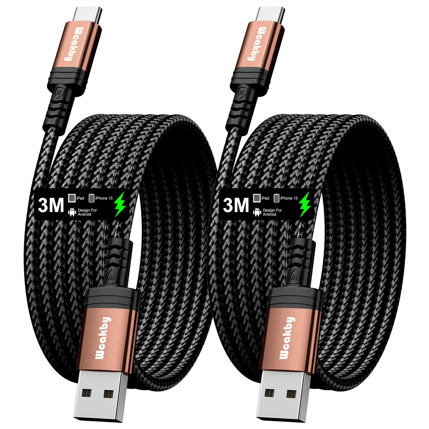 USB-C kabelis 3m, 2 gab. Wcakby ātrās uzlādes kabelis, 3.1A, pīts neilona USB A–USB C kabelis Samsung Galaxy S24/S23, Pixel, LG un citām USB-C ierīcēm