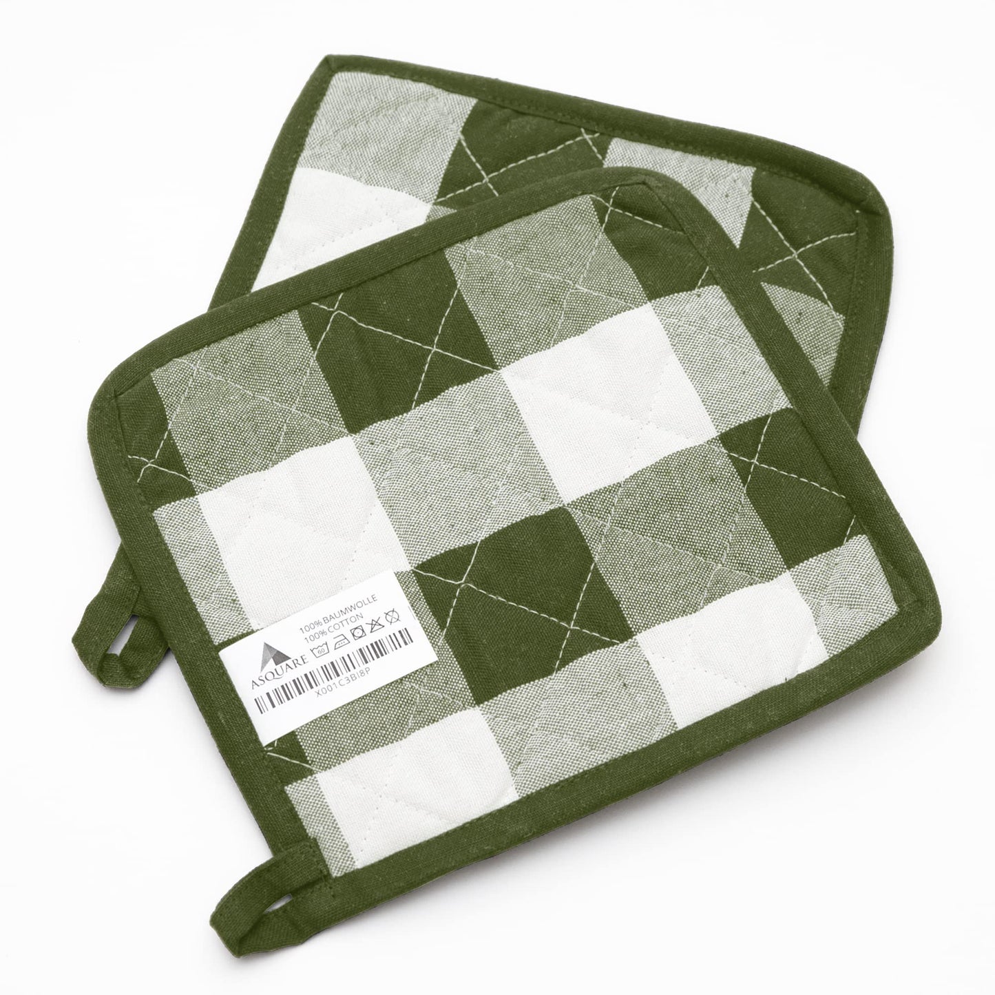 Podiņu turētāju komplekts - 2X praktiski rūtaini podiņu turētāji - ekoloģiski podiņu paliktņi no 100% kokvilnas - Kitchen Pot Holders - virtuves paliktņi zaļi balti 20x20cm