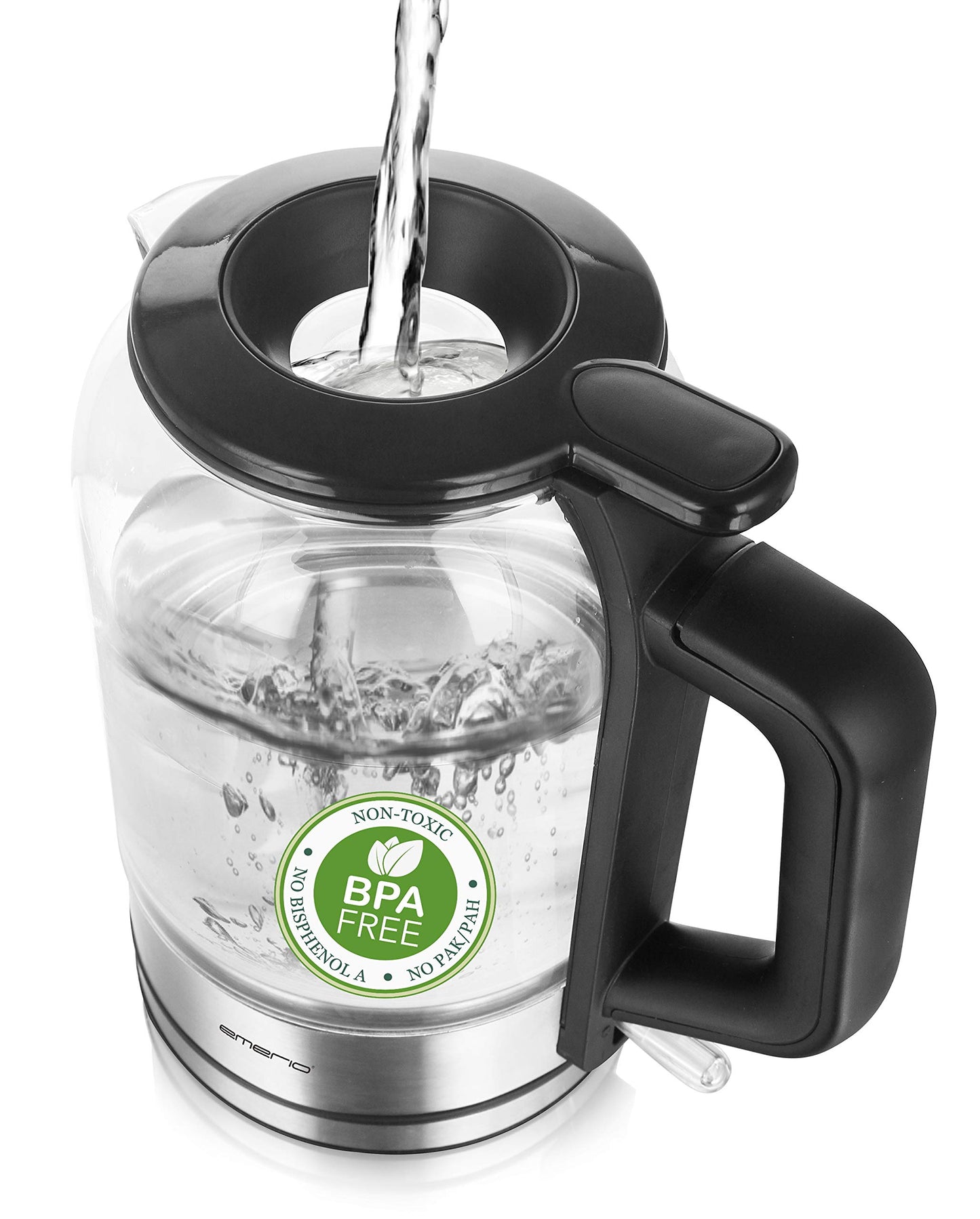 Emerio WK-122574 - 1.5L borosilikāta ūdens vārītājs, 2200W, automātiska izslēgšanās, zils LED apgaismojums, melns/sudrabs.