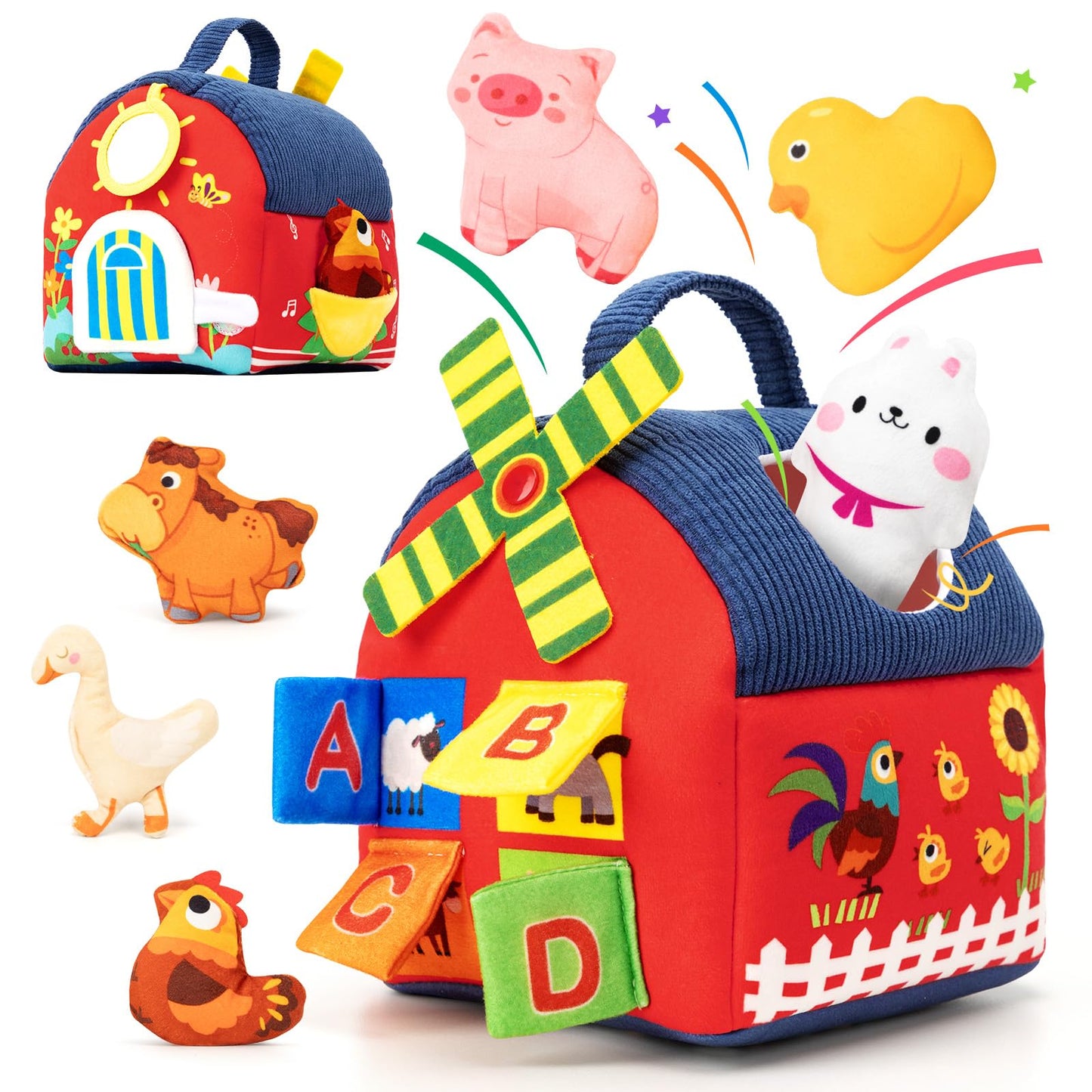 Funsland Montessori sensorā rotaļlieta mazuļiem no 6 mēnešiem, saimniecības dzīvnieki, spogulis, čaukstošs papīrs, alfabēts un attīstoša rotaļlieta smalkajai motorikai, dāvana 6, 12 un 24 mēnešiem
