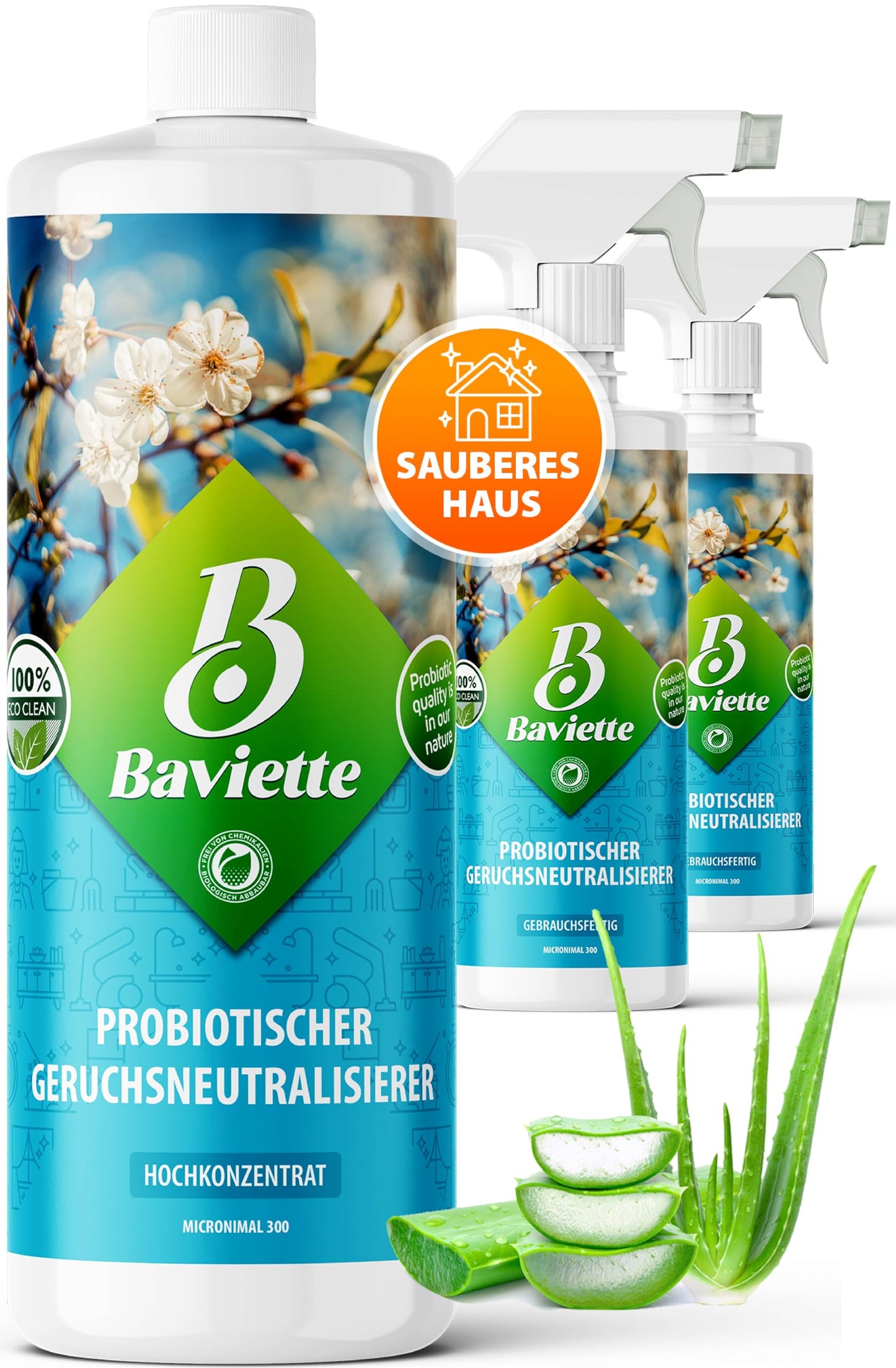 Smaržu neitralizators Baviette 1L – dzīvnieku un ikdienas smaku noņemšanai mājās, paklājos, polsterējumos un auto – mikroorganismu formula mājdzīvnieku zonām – bioloģiski noārdāms