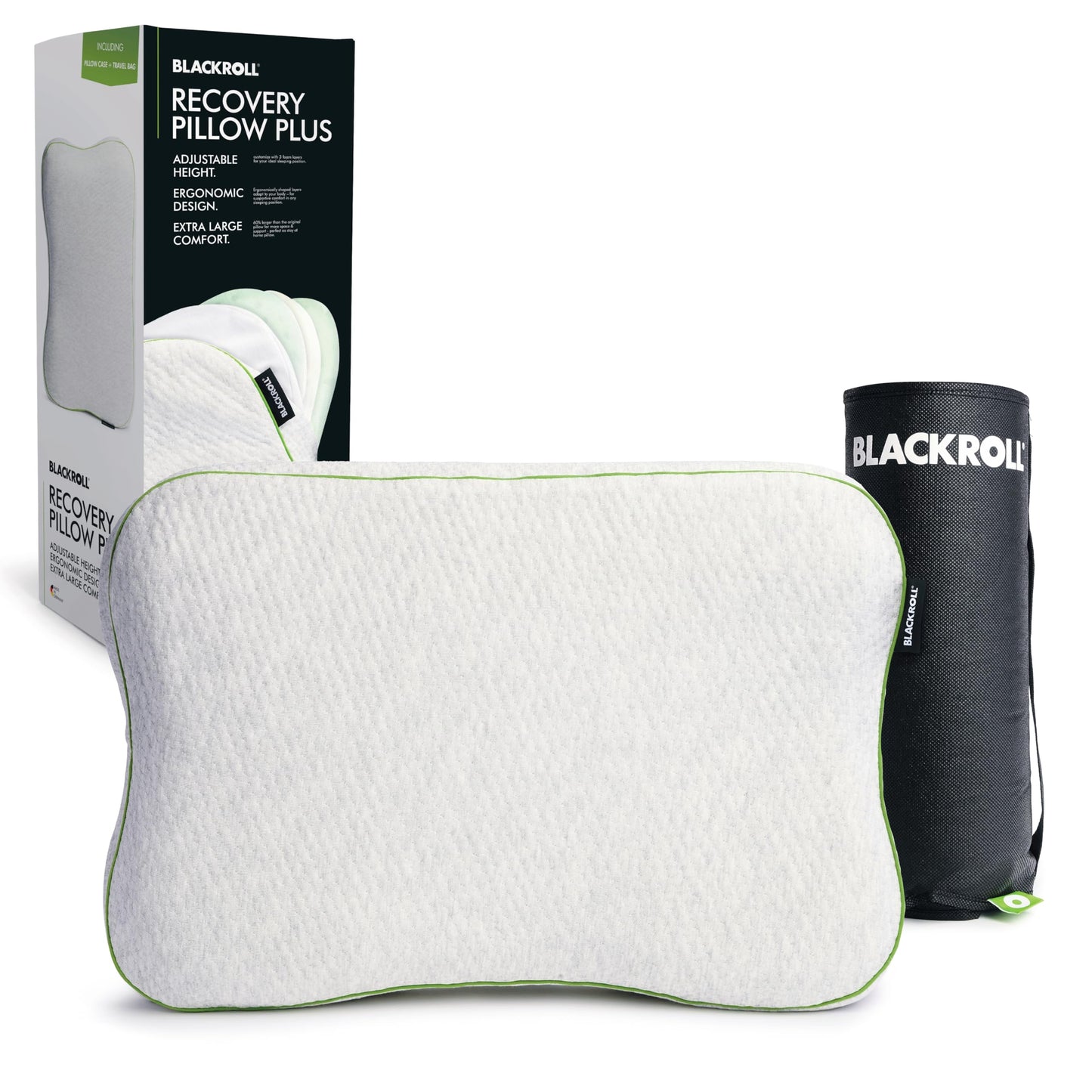 BLACKROLL® Recovery Pillow Plus 60x40 cm, augstumā regulējams ergonomisks kakla spilvens 6–13 cm, Memory Foam, sānu, muguras un vēdera gulētājiem, Made in Germany