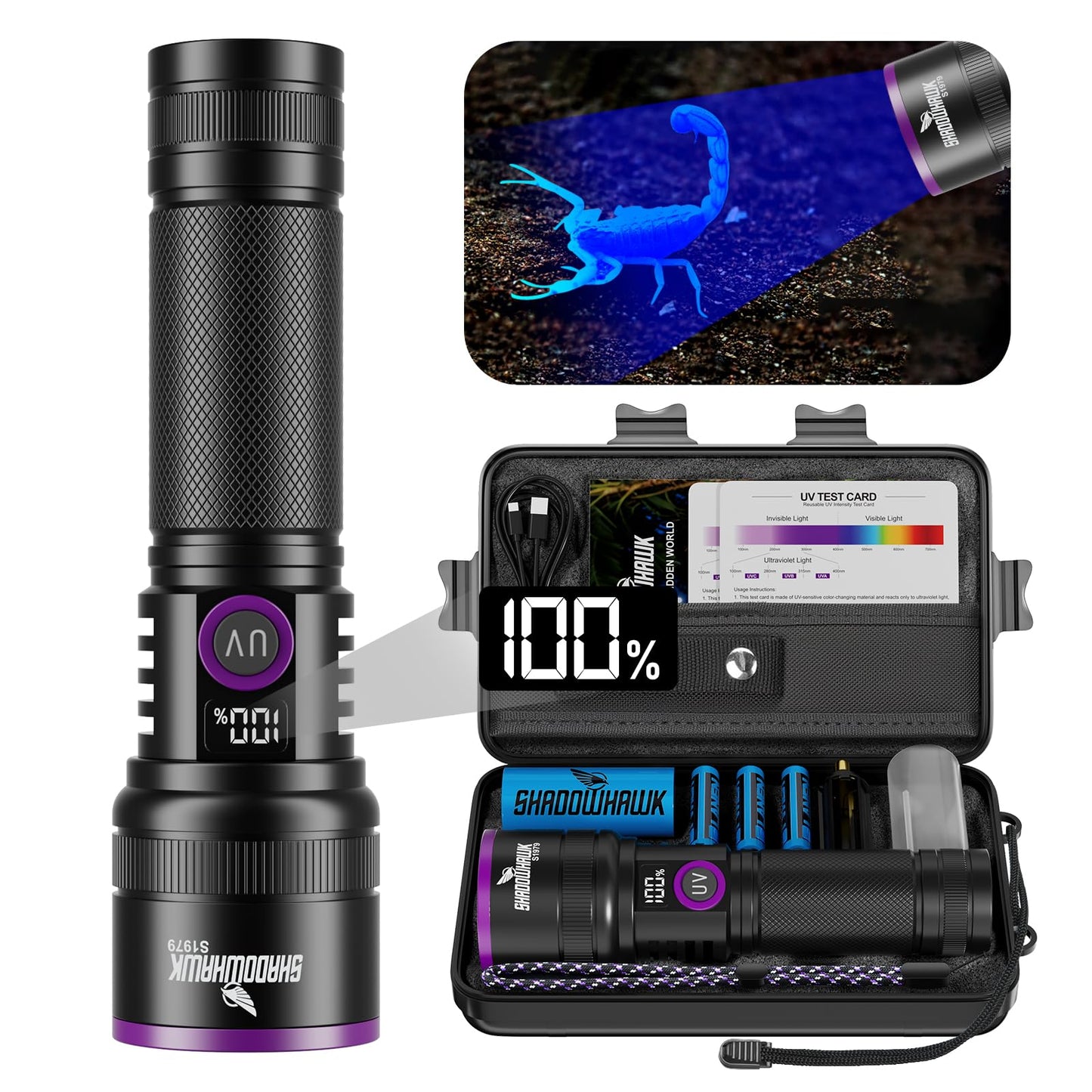 UV lukturītis Shadowhawk 365nm, 30W melnā gaisma ar 4 kodoliem un filtra lēcu