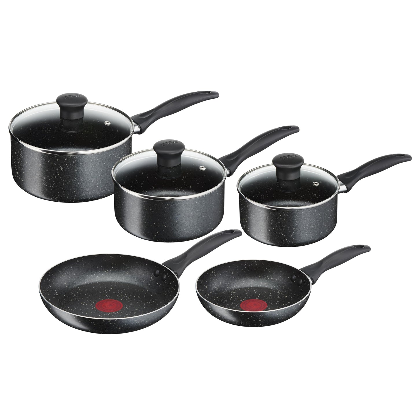 Tefal Bistro cookware set - black aluminum frying pans (20 & 24 cm) and pots with lids (16, 18, & 20 cm).