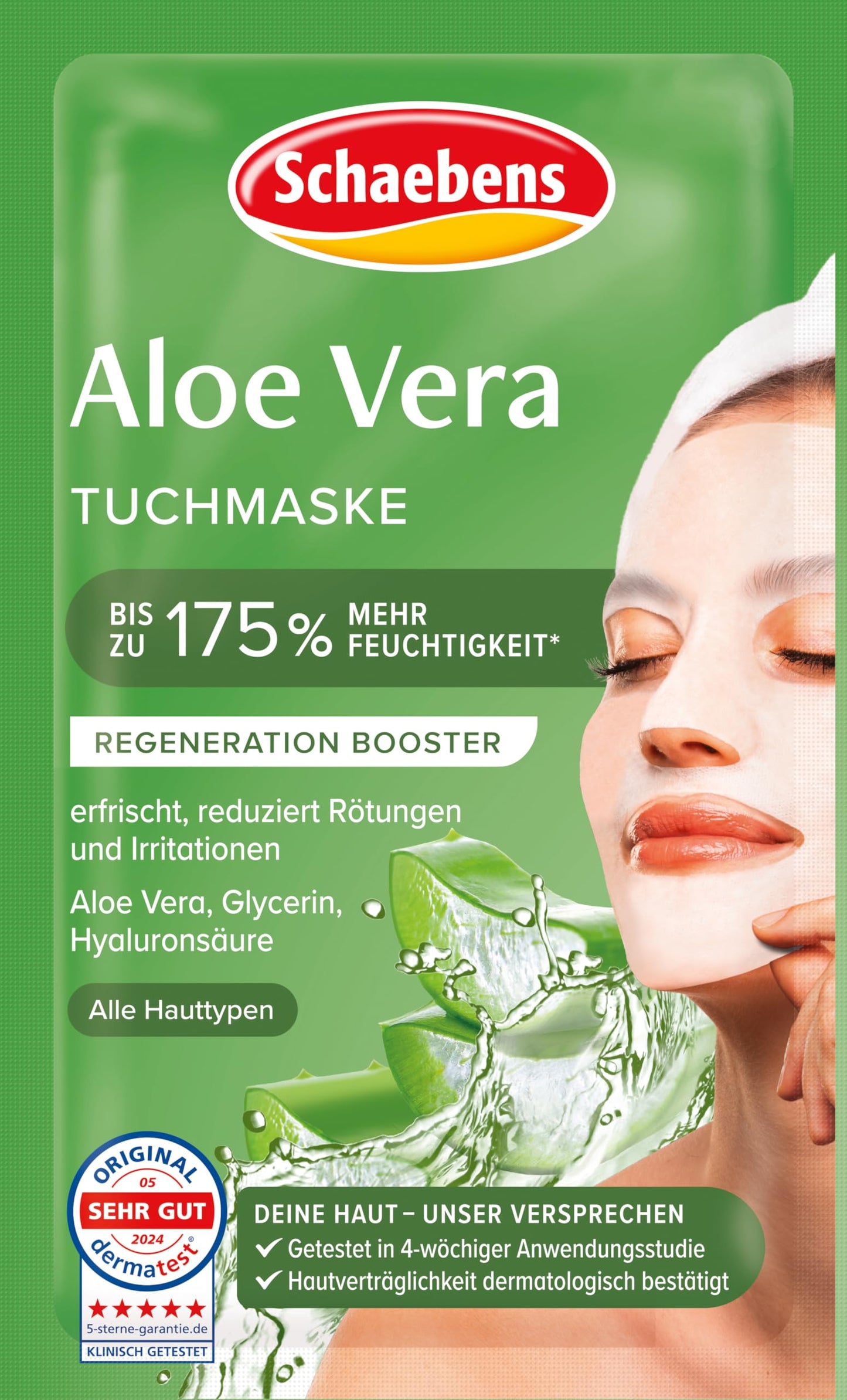 Loksnes maska sejai Schaebens Aloe Vera – atsvaidzina, mazina apsārtumu un kairinājumu ar alveju, glicerīnu un hialuronskābi visiem ādas tipiem