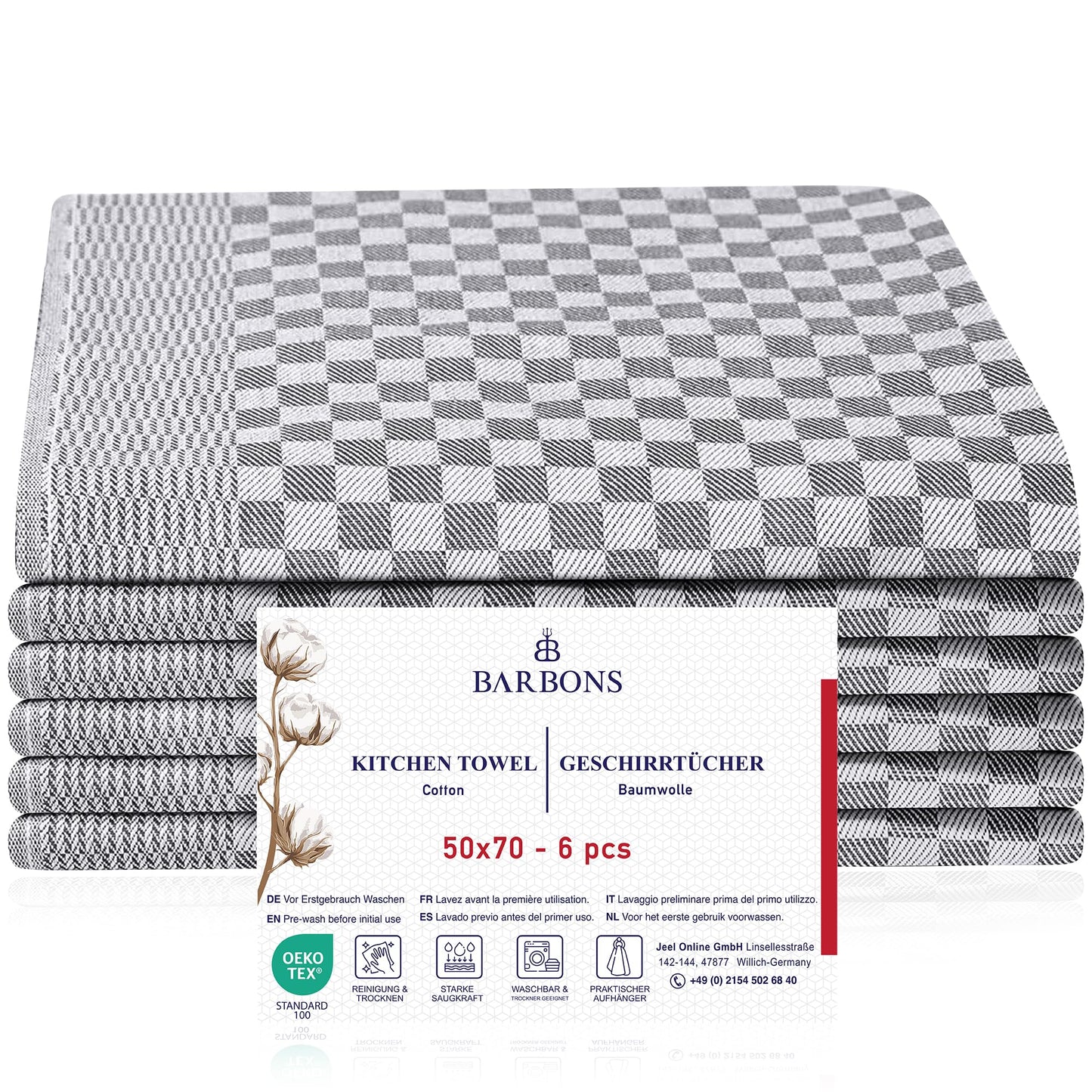Virtuves dvieļi BARBONS, 6 gab., kokvilnas, 50x70 cm, īpaši absorbējoši un izturīgi, 240 g/m2, OEKO-TEX, mazgājami līdz 60°C, pelēki ar rūtiņu rakstu