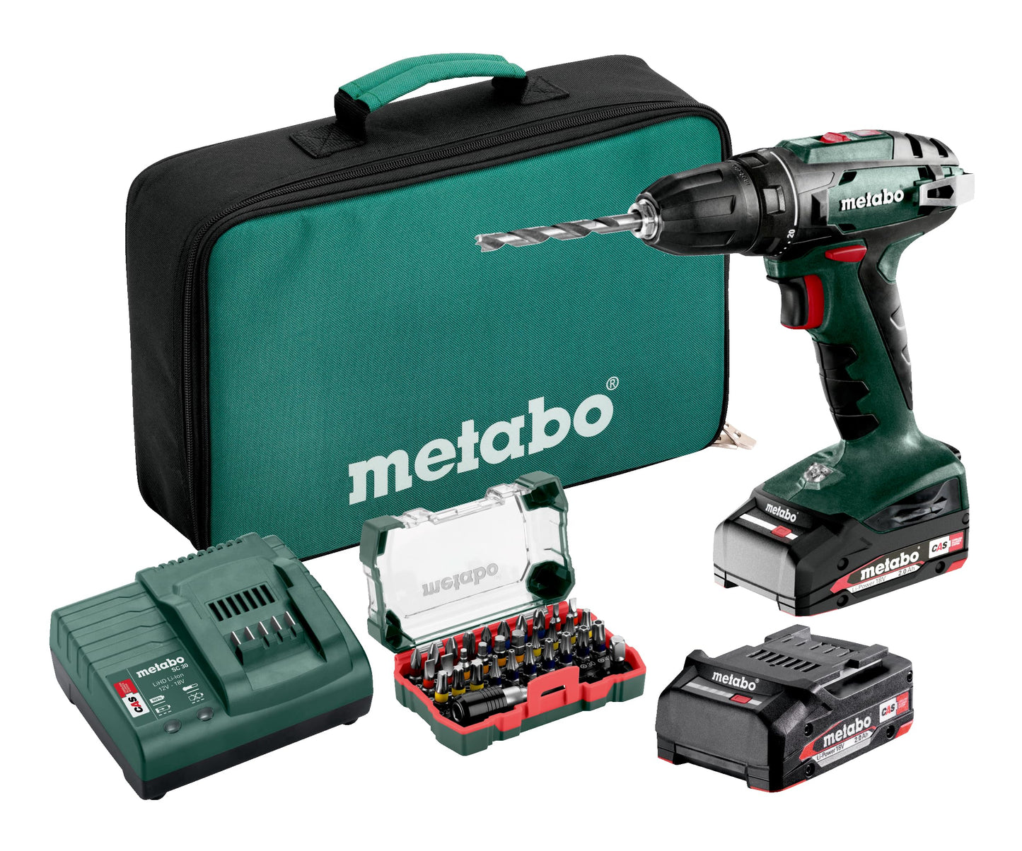 Metabo akumulatora urbjmašīna BS 18 - 18V, 32 daļu bitu komplekts, divi akumulatori un lādētājs iekļauti.