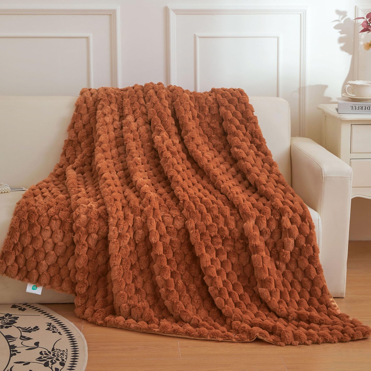 Pūkaina sega XeGe no truša kažokādas imitācijas, dekoratīvs pleds, terakotas oranžs, 130 x 150 cm