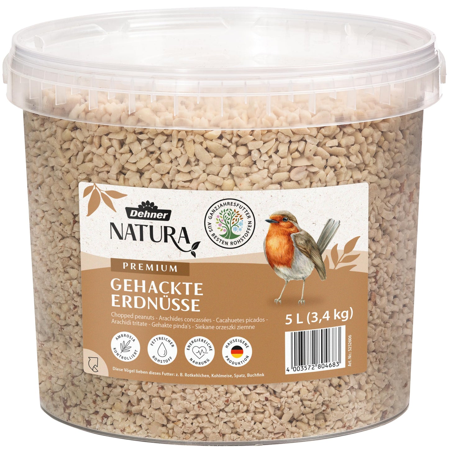 Savvaļas putnu barība Dehner Natura Premium, sasmalcināti zemesrieksti bez čaumalām, visu gadu lietojama, ar augstu olbaltumvielu un enerģijas saturu, 3.4 kg