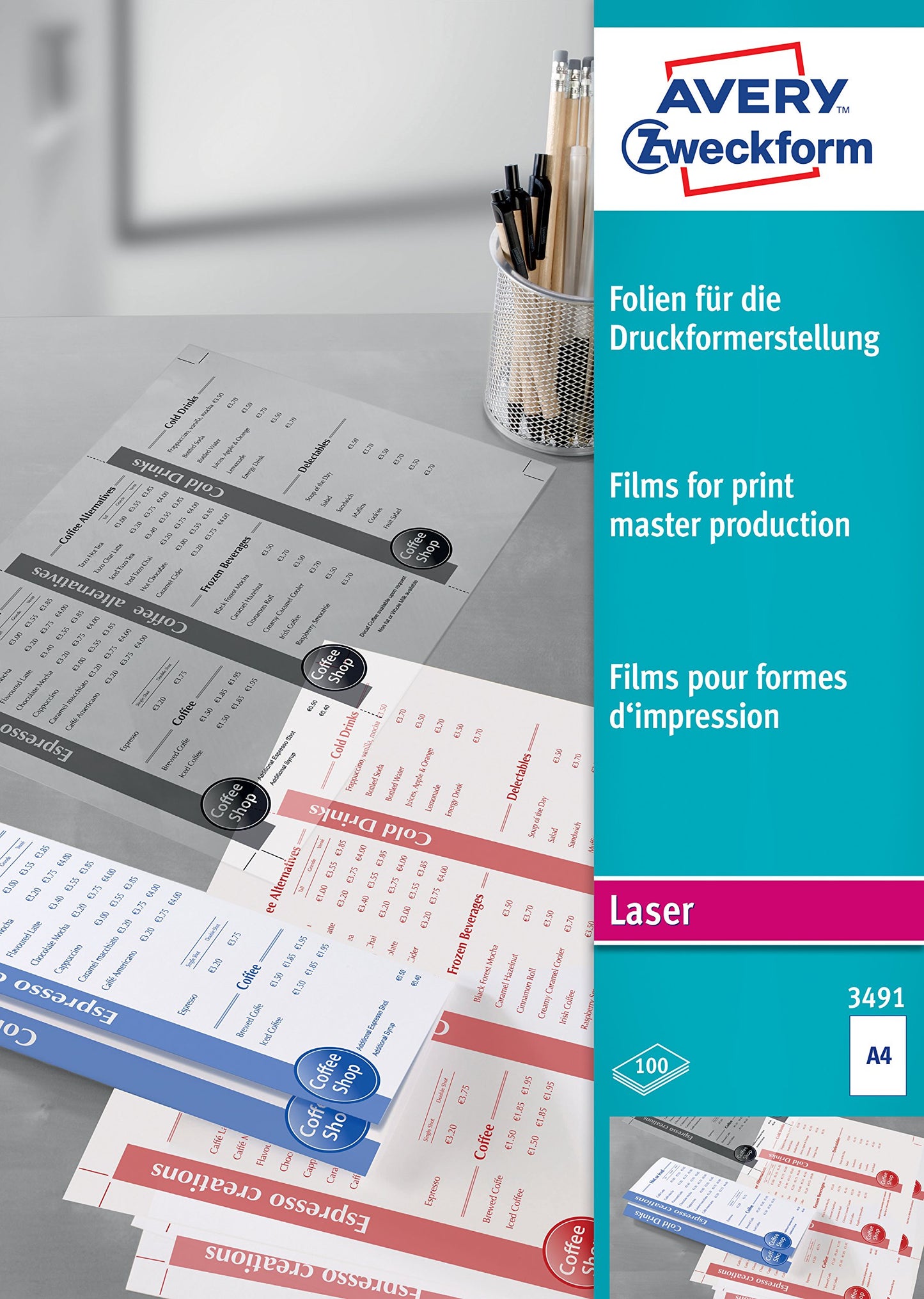 AVERY Zweckform 3491 lāzerplēves - caurspīdīgas, matētas, A4, 100 gab., 0,10 mm biezums, piemērotas melnbaltajiem lāzerprinteriem.